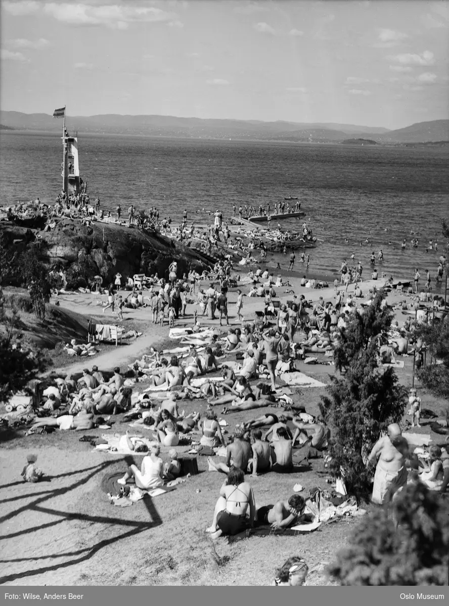 badestrand, stupetårn, mennesker, badeliv, solbad