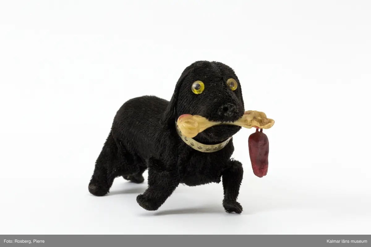 KLM 32004 Hund, leksak, metall, textil och plast ev. celluloid. Mekanisk leksakshund, svart Labrador-liknande som har ett köttben i munnen. Hunden har ett mässingsfärgat halsband. Hunden är gjord av metall med svart plysch utanpå som päls och ögon av plast. Uppdragningsmekanik med nyckel på undersidan, nyckel saknas, så att hunden kunde gå, röra på huvudet och vifta på svansen. Etikett på undersidan med texten: Trade Mark ALPS. Made in Japan.