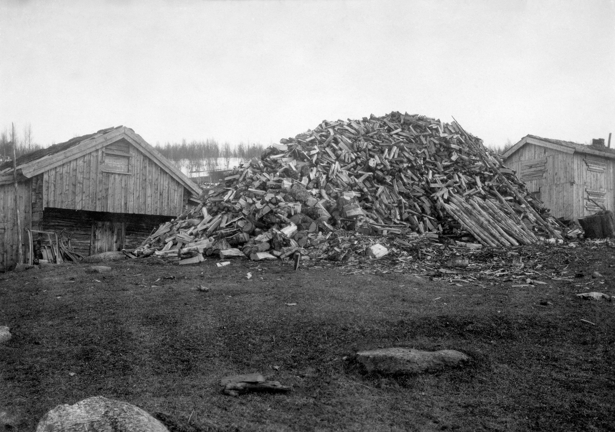 Vedhaug på Åsli i Susendalen.  Fotografiet er tatt på tunet på garden.  Haugen ligger mellom ei bu og et våningshus med lemmer for vinduene.  I bakgrunnen ei li med bladlaus bjørkeskog. 

Åsli var en av mange bruk i Hattfjelldal herred som ble drevet av forpaktere da staten kjøpte eiendommene her av The North of Europe Land & Mining Comp. Limited - vanligvis omtalt under navnet «Ængelskbruket» - i 1899-1900.  Forpakterne var Even Andreassen og Ane [egentlig Anna Jørgine] Larsdatter.  Ett av stortingets premisser for å bevilge penger til kjøp av jord- og skogeiendommene i Hattfjelldalen var at jordbruksenhetene, med nødvendig husbruksskog, skulle videreselges til forpakterne for rimelige beløp.  Dette var bakgrunnen for at Even Andreassen Aasli fikk kjøpt denne garden av den statlige skogetaten ved kongeskjøte i 1909.

En avskrift av kongeskjøtet på eiendommen er gjengitt under fanen «Opplysninger».

I heftet «Susendalen 1827-1927», skrevet av forstmannen Otto Bugge (1881-1955), som skulle markere 100-årsjubileet for at dette dalføret fikk jordbruksbosetning. Her er garden Åsli omtalt slik: 

Som et typisk eksempel på bebyggelsen i Susendalen henvises til billede nr. 16 av gården Aasli. Denne gård er bygget i fire avdelinger og er nu 20 m. lang og 5 m. bred [DSS.1299]. Eiendommen Aasli ligger 531 m. iver haver, nettop i det strøk av lien, hvor den beste dyrkningsjord finnes. Dalens høiestliggende gård er Eggen, der ligger 540 m. over havet. Eiendommen Aasli eies av Even Andreassen Aasli, gift med Anna Larsdtr. Fra Hattfjelldalen. Evens far, Andreas Larsen kom i 1842 fra Gausdal. Familien Aasli sees på billede nr. 17 [se DSS.1293]

Eiendommen Aasli blev optatt i 1844 oghører til en av bygdens besste gårder. Der fødes f. t hest, 10 storfe, 8 sauer og 40 geiter. Det er ganske betydelige vedmengder som tiltrenges for året paa hver gård i Hattfjelldalen, og da særlig i Susendalen, hvor geiteholdet er så stort. Man kan for de større gårders vedkommende regne med at der årlig medgår ca. 50 favner 33 cm. lang bjørkeved, gjennemsnitlig pr. gård ca. 30 favner. Befolkningen kløver op veden tidlig på våren og kaster den i store dynger på gårdsplassen til tørk. Man vil på billede nr. 18 se veddyngen på Aasli. [dette motivet] …»