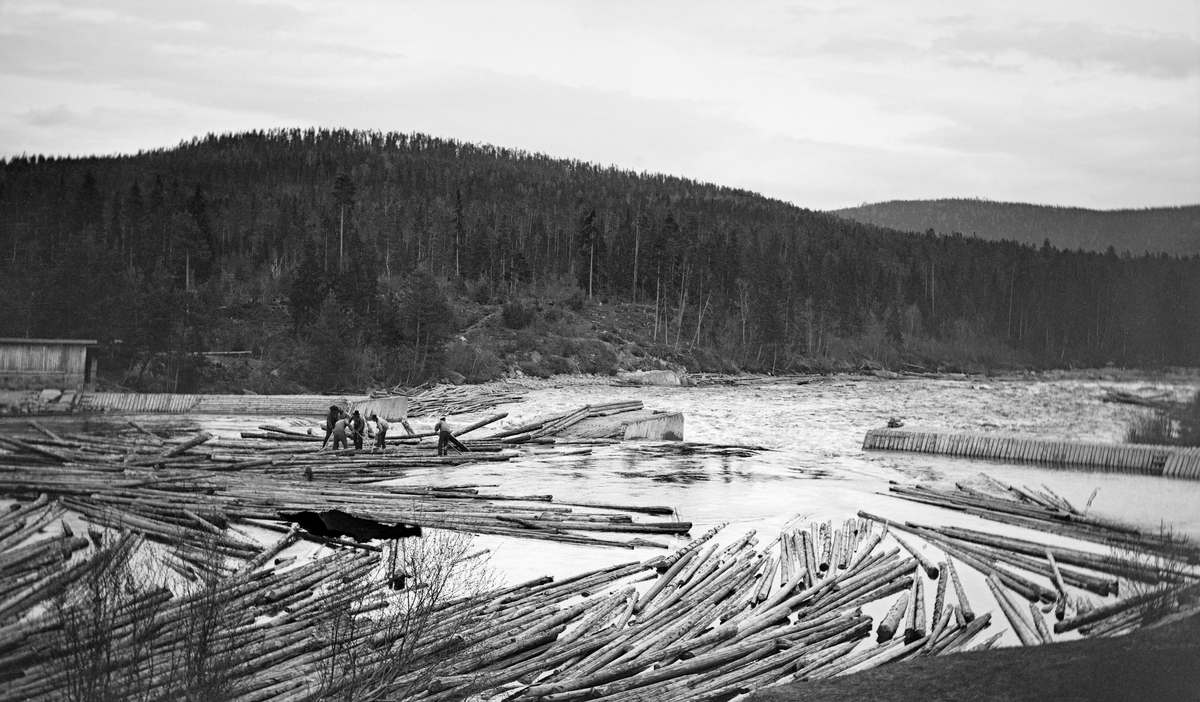 Kjellåsdammen i Flisa, et sidevassdrag på Glommas østside i Åsnes kommune i Solør.  Fotografiet er tatt fra den nordvestre sida av dammen, med utsikt mot et vannspeil der det lå en god del fløtingsvirke, og en dam med to sidearmer som var forblendet med vertikalstilte planker på motstrøms side, og et midtkar.  På opptakstidspunktet hadde det lagt seg en del tømmer mot dette midtkaret, som ei gruppe fløtere var i ferd med å løsne.  Nedenfor ser vi hvordan Flisa gikk flomstor og strømrik nedover i svakt fallende terreng, den såkalte Kjellåsfossen.  I bakgrunnen ser vi den skogkledde Kjellåsen.

Tidlig på 1900-tallet framsto Kjellåsdammen som et stort og kostbart fløtingsanlegg, som ble betjent av to damvoktere gjennom hele fløtingssesongen.  Hovedpoenget med anlegget var å magasinere vann, som kunne porsjoneres ut, slik at det ble mulig å få tømmeret videre nedover i retning Glomma også når vannstanden sank.  Effekten av dammen var omdiskutert, og enkelte mente at anlegget kunne fjernes, så snart det var utført litt mer mineringsarbeid i det nedenforliggende elveløpet.  I stedet bestemte fløtingsledelsen å bygge en ny og solidere Kjellåsdam, en murt steindam.  Arbeidet med denne konstruksjonen pågikk i perioden 1916-1924.  Dette fotografiet er antakelig tatt i en av de siste fløtingssesongene før ombygginga startet.

Det første damanlegget ved Kjellåsfossen ble bygd på midten av 1800-tallet, jfr. fanen «Opplysninger».