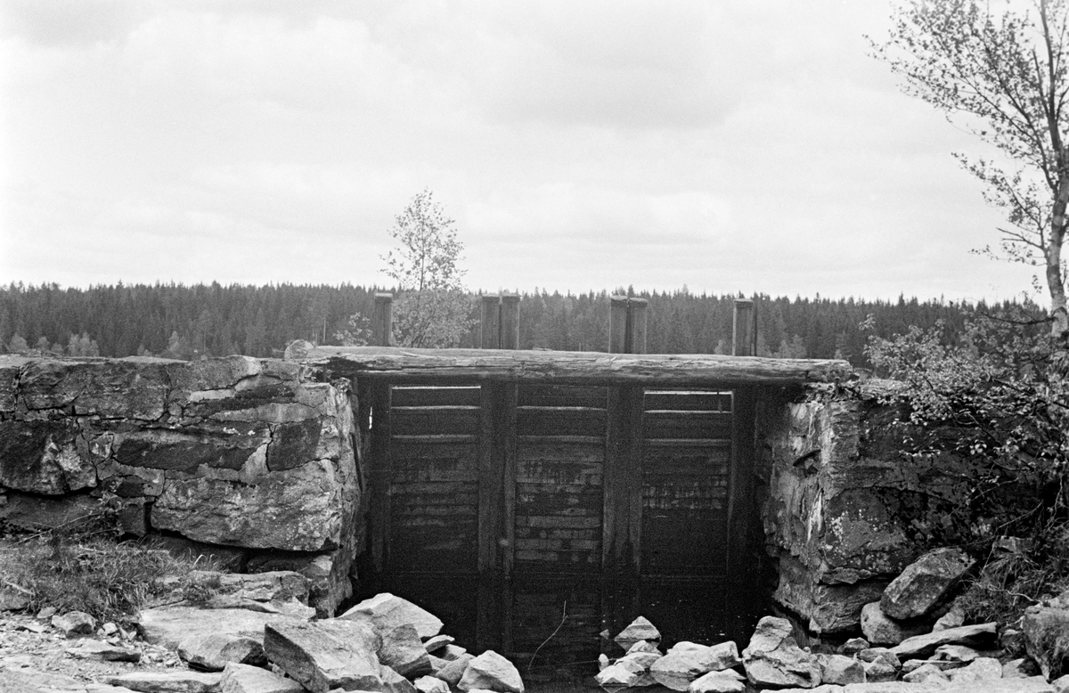 Fra Åbefaring ved Skårilldammen i Sæteråa i Sør-Odal i 1955.  Her er dammen fotografert med lukene i lukket posisjon fra motstrøms side.  Dammen har tre luker.  Damarmene er utført i sementfuget gråsteinsmur.  Da fotografiet ble tatt sto det en liten vannpytt i damåpningen, som ellers hadde en del stein.  I bakgrunnen skimtes store barskoger. 