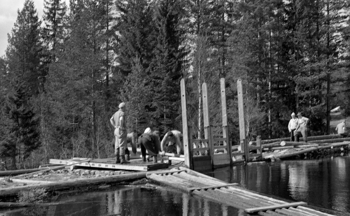 Fra Gåsvassdammen i Tannåa i Nord-Odal i Hedmark.  Dette var en lukedam.  Da dette fotografiet ble tatt, våren 1954, var fløterne i ferd med å åpne dammen.  Tre-fire karer «spettet opp» ei av lukene mens et par av arbeidskameratene så på.  I forgrunnen ser vi en flåtegang, som både fungerte som arbeidsplattform og som lense, som skulle lede tømmer mot damåpningen.  Denne dammen ser ut til å ha hatt fire luker.  Tannåa er et av tilløpene til Juråa som har sitt utløp i Storsjøen ved Mo.  Tannåa kommer fra Tannsjøene, på kjølen mellom Solør og Odalen.  Elva renner i vestlig, seinere sørvestlig retning i til sammen 13 kilometer før den faller inn i Juråa ved Tannes.  De sju nederste kilometerne av Tannåa var fløtbare ved hjelp av vann fra Tannsjødammen, Gåsvassdammen, Demningsbrudammen og Sæterdammen.  Gåsvatnet, der dette fotografiet ble tatt, var også ett av merkestedene i vassdraget.