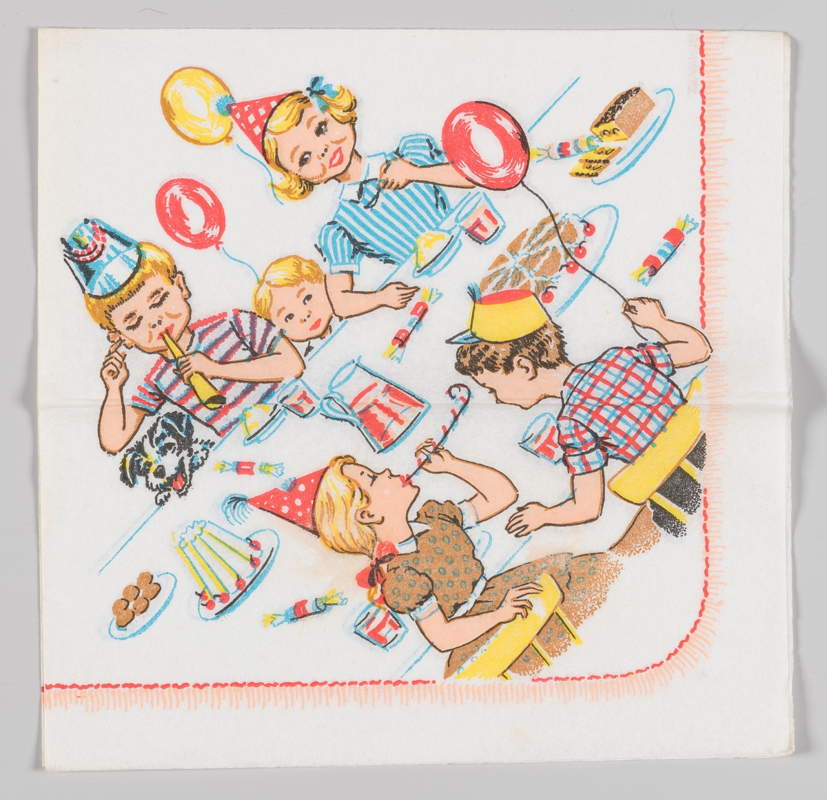 Et bursdagsselskap med gutter og jenter med hatter, ballonger, kaker og saft.