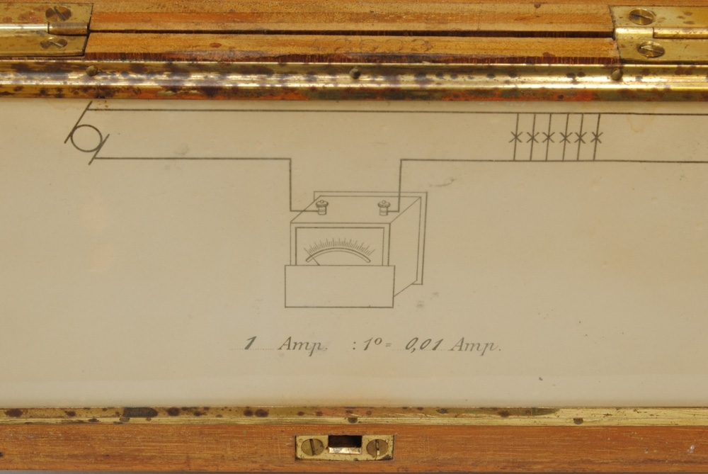 Amperemätare inrymd i låda av trä. Ovanpå lådan sitter ett handtag av mässing och svarvat trä samt på båda sidor klämskruvar av bakelit. Visartavlan är graderad 0-1  och nedanför står det "AMP." och "IMPORTERAD AF HUGO TILLQUIST STOCKHOLM". Till vänster står det "No 197364" och till höger en logotyp. På insidan av locket sitter en liten ritning. På ovansidan är det inristat i träet "0,615". Under handtaget sitter en oval skylt av metall där det står "SJ". "INSTR No 24" och "KUNGL. JÄRNVÄGSSTYRELSEN EBR."