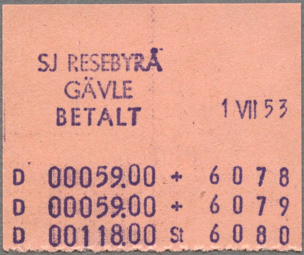 Rosa kvitto med den tryckta texten:
"SJ RESEBYRÅ GÄVLE BETALT
1 VII 53
D 00059.00 + 6078
D 00059.00 + 6079
D 00118.00 St 6080".
Kvittot har en avriven perforerad linje.