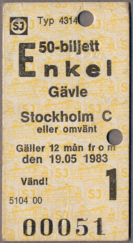 Fyra edmonsonska biljetter med gulmönstrad bakgrund som består av SJ loggan och ellok. Biljetterna har texten:
"SJ Typ 43135
50-biljett Enkel
Gävle Stockholm C eller omvänt
Gäller 12 månader fr o m den 17. 01. 1980".
Text på baksidan: "Denna biljett gäller endast vid tjänsteresa för AGEVE, Gävle".
Biljetterna ser lika ut med undantag för  datumen som är, "01.11 1981", "01.06.1982" och "19.05.1983". Alla biljetter har två hål efter biljettång. Texten på baksidan av biljetterna varierar från "[...] för Gävle Vagnverkstad AB", "[...] för AB Gävle Vagnverkstad Uppehåll medges ej" och "[...] för AB Gävle Vagnverkstad AGEVE Gävle Uppehåll medges ej".
Biljetterna kunde användas en gång under den 12 månaderna de var giltiga.