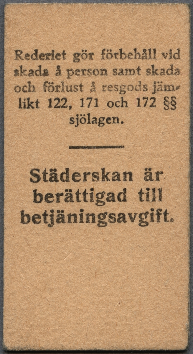 Edmonsonsk färjebiljett av gulbeige kartong med tryckt text i svart:
"M/f GOTLAND.
Prisskillnad
1 klass / enkelhytt Kr. 5.00
Hytt nr 12".
Hyttnumret är handskrivet på en linjerad rad. Biljetten har datumet 03.1. 1951 präglat högst upp och på baksidan finns regler/bestämmelser för biljetten. Längst ner står biljettnumret 0844".

Historik: M/s Gotland byggdes i Malmö 1936 och levererades till Ångbåtsbolaget AB Gotland, senare benämnd Gotlandsbolaget. Gick i färjetrafik mellan Nynäshamn och Visby mellan 1945-1963. Döptes om till Visby 1964. På ritning och vykort från ovanstående period står beteckningen M/f Gotland.
Källa: fakta om fartyg, 2016-06-29.