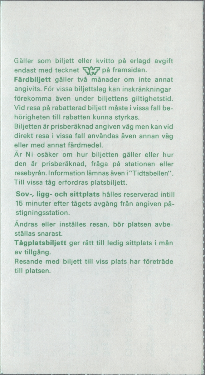 Biljetthäfte med sex ihopsittande, gulmönstrade biljetter, samtliga med obruten biljettnummerföljd, där den översta har tryckt text i svart:
"EN SITTPLATS 2 KL UTAN AVGIFT
CHARLOTTENBG-STOCKHOLM C
"Dag Mån År 13.01.84 Tåg 41 Avg. tid 10.30 Ank. tid 15.00 Vagn 223 Platsnummer Gång 41 ICKE RÖKARE Pris SKr 0:-".
De följande fem biljetterna har identisk text som ovanstående med undantag för platsnumren. Dessa är "44", "49", "56", "57" och "60".
Biljetternas mönster består av ellok samt SJ´initialer i gult inom en vit cirkel med ram runtom. Initialerna återfinns i grönt i en gul cirkel med grön ram, i övre vänstra hörnet. SJ's logga i en mindre variant, det bevingade hjulet, tryckt i svart står under den föregående loggan. Baksidan har regler/bestämmelser för biljetterna. 
Det finns en dubblett med annat biljettnummer, resväg, pris, datum, med flera parametrar.