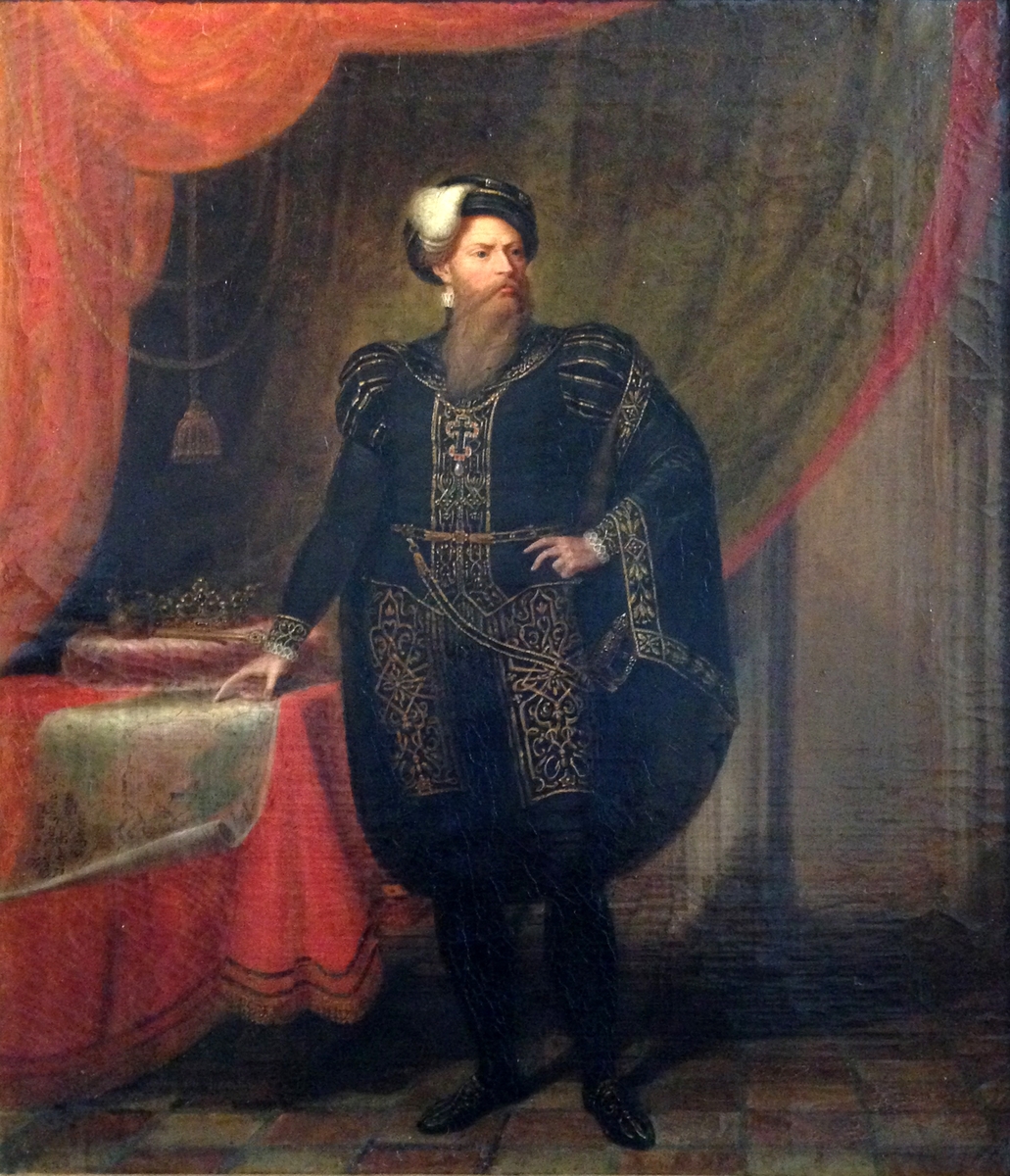 Porträtt av Gustaf Wasa, helfigur, stående vid ett bord, pekande på en karta. 1800-talsmålning. Olja på duk.
Förgylld originalram.