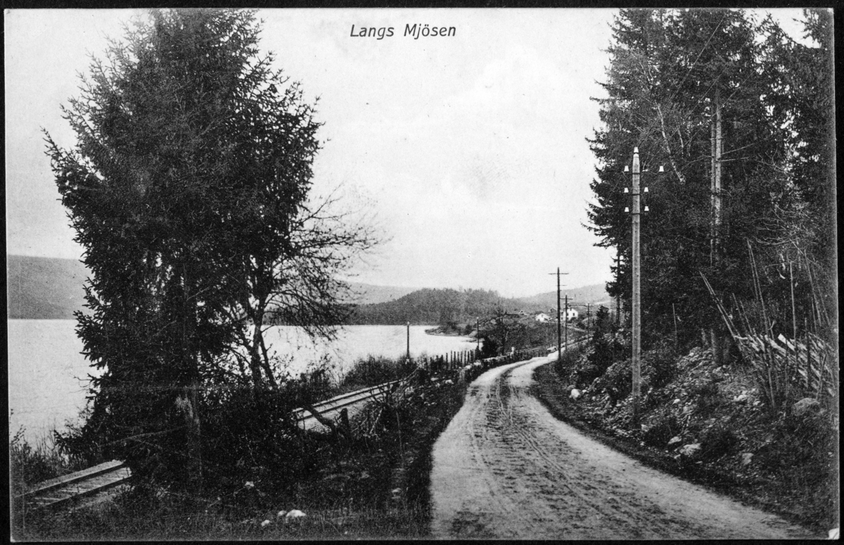 "Langs Mjøsen" Veg, jernbane, landskap, Mjøsa, Brevkort. G.H. 701.