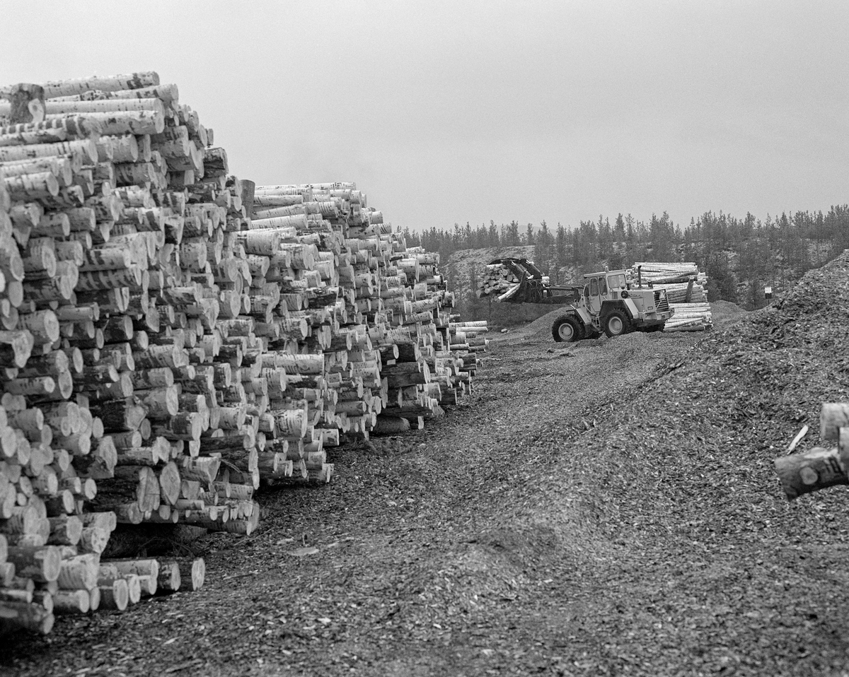 Utislag med hjullaster fra en terminalplass på Røskjota ved Sølenstua i Engerdal i Hedmark. Tømmeret hentes på land, der det var lagt opp ved bredden av Femundselva (Trysilelva) tilsynelantende med skillestokker som holdt de ulike leveransene fra hverandre.  Med den digre, frontmonterte, hydrauliske kloa som arbeidsredskap hentet maskinføreren tømmerstokkene, som han deretter slapp ut i elva med sikte på at det skulle flyte videre med strømmen. Dette fotografiet ble tatt 22. mai 1986.  Tømmerterminalen på Røskjota ble bygd etter at Klarälvens Flottningsörening i 1953-54 bidro til at det ble bygd bilveger mellom Sølenstua og Galten, og opp til Femundsenden.  Dermed kunne tømmer fra Femund tas opp ved Gløta, og virke fra traktene rundt Isteren kunne hentes ved Isterfossen og kjøres til denne velteplassen, hvor stokkene ble lagt opp for tørking og fløting påfølgende år.  Fra 1965 og framover fikk Klarälvens Flottningsförening opparbeidet flere terminalplasser av den typen vi ser på dette fotografiet i Trysil og Engerdal.  Slike løsninger ble mulige etter at skogsbilvegnettet i de to kommunene var blitt såpass stort at man anså det for mulig å avvikle fløtinga i de minste sidevassdragene. Omlegginga skjedde i forståelse med Trysilvassdragets skogeierforening.  Terminalplassene hadde ikke bare hjullastere, men i mange tilfeller også barkemaskiner, noe som overflødiggjorde det manuelle arbeidet med barkespader, og dermed forenklet driftsprosessene på hogstfeltene vinterstid.