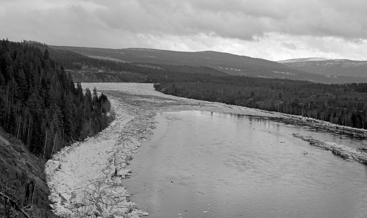 Isgang ved Sundfloen i Stor-Elvdal i begynnelsen av mai 1963.  Fotografiet er tatt fra en bratt elveskråning ned mot Glommas brede, stilleflytende elveløp.   I forgrunnen til høyre var den midtre delen av elva noenlunde isfri, men langsmed elvebreddene hadde den pakket sammen isflak og tømmer.  Lengre nede var hele elveløpet dekt av is og tømmer.  Landskapet på begge sider av vassdraget hadde barskog som dominerende vegetasjonselement.  Isgang har mang en gang skapt problemer i Østerdalen, særlig når lange og kalde vintrer brått har blitt avløst av varm vårsol, som har fått isen til å brekke opp og drive nedover Glomma i store masser.  I 1904 skrev kanaldirektør Gunnar Sætren følgende: «Undertiden, men heldigvis ikke ofte, forekommer isgang i Glommen, og denne forvolder da store ulemper.  Isbruddet begynder i almindelighed nedenfor Barkalden, undertiden også længere oppe, og stanser sjelden før i Stor-Elvedalen.  Dersom den gaar saa langt som ned til kirken og stanser der, bliver alle øer og hele dalbunden lige op til Sundfloen belagt med is og tømmer.»  Når så ismassene, gjerne ispedd fløtingstømmer, så satte seg fast i trange eller grunne passasjer, kunne det altså bygge seg opp digre vann- og ismasser i områdene ovenfor.  Dette skjedde også i månedsskiftet april-mai i 1963.  Situasjonen ble mer og mer truende.  Den 5. mai oppsto det imidlertid en åpning i isfronten ved Tannfetten, og dermed drev både is og fløtingstømmer langsomt nedover elveløpet.  Noe av isen satte seg riktignok fast på nytt, ved Tremoholmen, men den løsnet snart igjen.  Dermed kunne storelvdølene pustet lettet ut, for Glomma hadde fritt avløp.  Sjøl om det lå igjen en del is og tømmer ved Sundfloen var det lite sannsynlig at situasjonen ble verre igjen, slik at det kunne oppstå nye skader.  Når elva var fylt av is og fløtingstømmer på denne måten, var det naturligvis ikke tilrådelig å krysse den.  I perioder med isgang var det følgelig svært vanskelig for storelvdøler som bodde på vestsida av Glomma å ta seg til kommunesenteret Koppang på østsida og tjenestetilbudet der.  Ikke var det trygg is, og ikke var det åpent vann så ferga kunne gå.  I 1963, det året fotografiet av denne is- og tømmermassen ble tatt, ble det bestemt at Stor-Elvdal kommune skulle få hengebru over elva nettopp ved Sundfloen.  Dermed ble i hvert fall ett av de problemene isgangen i Glomma ofte var årsak til løst.