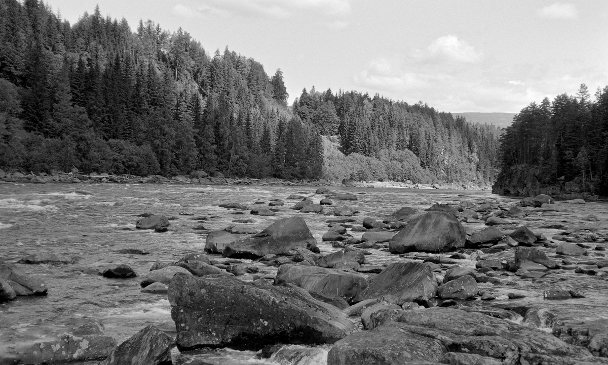 Elvelandskap i Gudbrandsdalslågen.  Fotografiet er tatt et stykke nedenfor Hunderfossen, der elva dannet grense mellom daværende Fåberg og Øyer kommuner da opptaket ble gjort, i 1961, 11-12 kilometer nord for utløpet i Mjøsa.  Fotografiet er tatt fra en steinete elvebredd på Øyer-sida (østre bredd - nå Lillehammer kommune) i motstrøms retning.  Elva går her i små stryk over en steinete botn, og på Fåberg-sida (til venstre i bildet) kan vi skimte endel fløtingstømmer som hadde strandet langs elvebredden.  Elveskråningene på begge sider var skogkledde, med lauvtrær i den fuktige sonen nærmest elva og med barskog høyere oppe i de tørre skråningene.

Fotografiet er som nevnt tatt i 1961, i en periode da det ble klart at den ovenforliggende 8-9 meter høye Hunderfossen skulle reguleres med henblikk på elektrisistetsproduksjon.  Fløtingsfunksjonæren som gjorde opptaket var antakelig opptatt av hvilke konsekvenser reguleringa av vannføringa kunne få for fortsatt fløting i dette partiet, der tømmeret hadde lett for å binde seg i hauger ved lave vannstander.