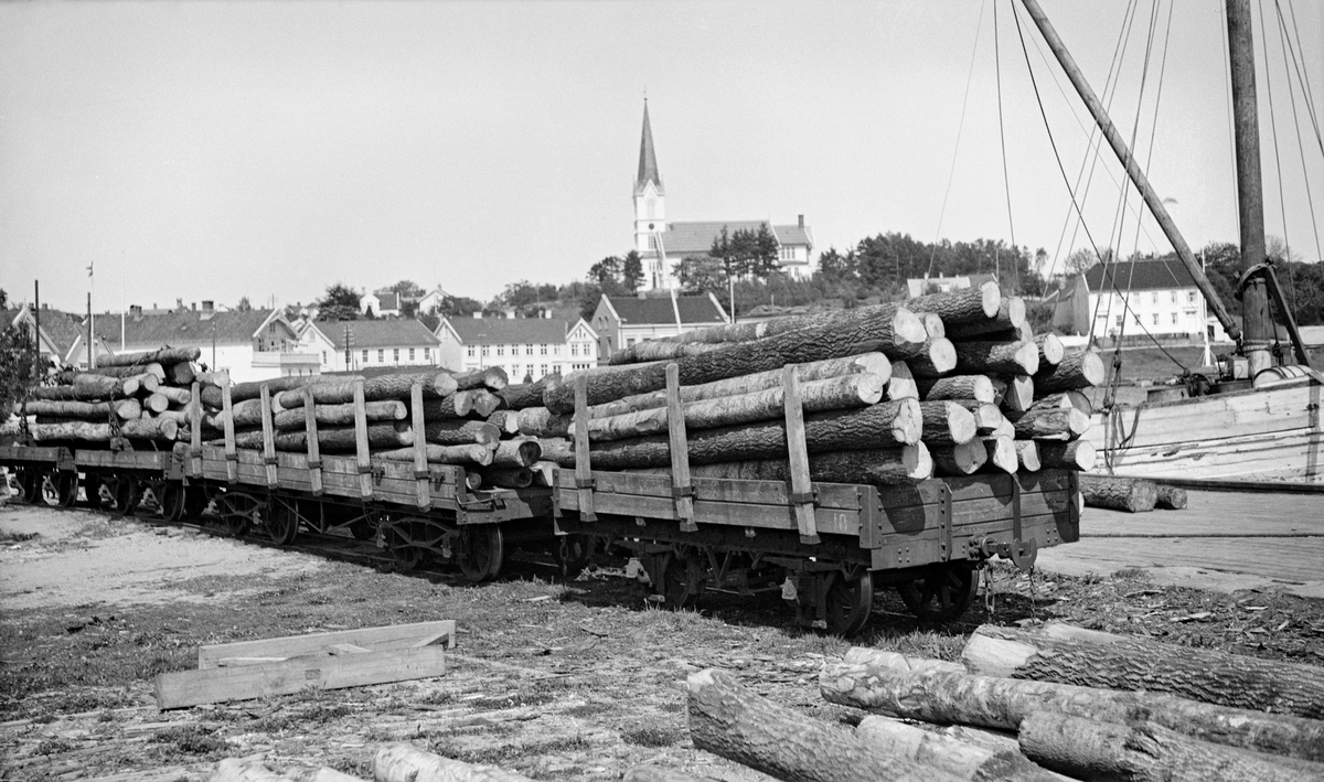 Eiketømmer på jernbanevogner på et sidespor i havneområdet i Lillesand i Aust-Agder sommeren 1935.  Det dreier seg om forholdsvis rettvokste, korte, ubarkete stokker.  Eika har på grunn av sine materialkvaliteter vært meget ettertraktet, blant annet som materiale til skipsbygging og møbelproduksjon.  Det norske klimaet er imidlertid i tøffeste laget for dette treslaget.  Eika vokser vilt i et belte langs kysten oppover til Edøy på Nord-Møre og nordover til Nes på Hedmarken i innlandet.  Det er Agder-fylkene som er de to største «eikefylkene» her til lands, fulgt av Telemark.  Dette har ikke bare klimatiske årsaker.  Eika synes å trives spesielt på den såkalte «Bamble-formasjonen», med bergarter som granitt og gneis,gabbro, glimmerskifer og forekomster av feltspat. 

Til høyre i bakgrunnen på dette fotografiet til ser vi ei seilskute.  Over tømmervognene skimter vi noen av de kvitmalte trehusene i havneområdet.  På høydedraget bakenfor lå Lillesand kirke, ei kvitmalt trekirke med nygotisk stilpreg, ferdigstilt i 1889 etter tegninger av arkitekten Henrik Thrap-Meyer.