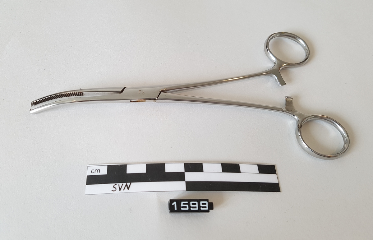Gjenstanden er en kirurgisk bøyd klemme. 
Klemmen er utformet som en saks, men i stede for skjærekniver er det to flater som møtes og klemmes sammen.
Flatene som møtes har serrateringer, riller. ytterst på klemmen har flatene tenner som går i hverandre.
To tenner på en side og en tann på den andre siden.
Gjenstanden har fingerhull for manipulering av objektet.
like over fingerhullene er det en låsemekanisme med en hake på den ene delen og flere motstående haker på den andre delen
Instrumentet kan låses ved hjelp av disse og hvor mye press det legges på tangspissen bestemmes av hvilken av mothakene 
det låses mot.