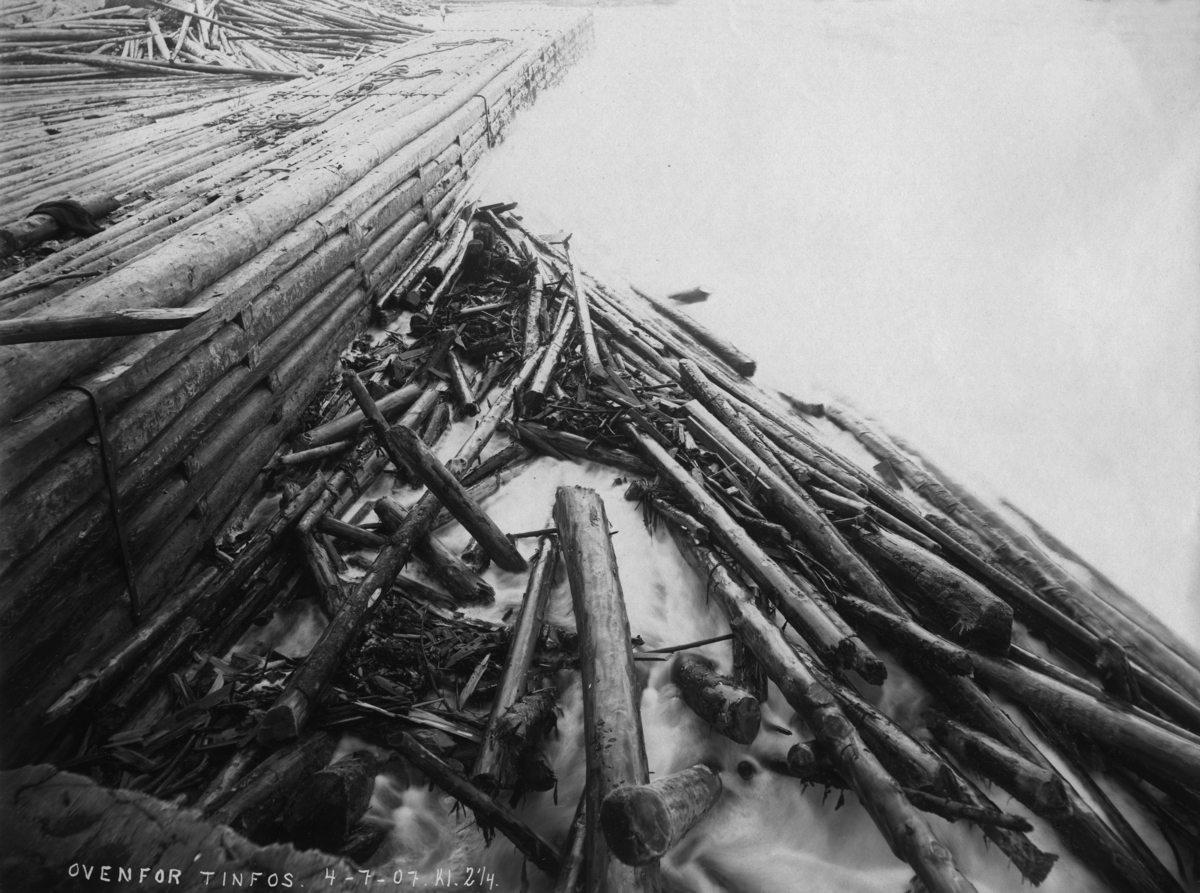 Bakevje mellom bergrygg og skådam i tømmerkistekonstruksjon ved Sagafoss i Tinnåa i Notodden kommune i Telemark (da dette fotografiet ble tatt het kommunen «Hiterdal» [Heddal]).  Fotografiet er tatt 4. juli 1907 «kl. 2 1/4», altså klokka 14. 15.  Virket vi ser i forgrunnen er til dels tømmerstokker som later til å ha fått hard medfart i vassdraget før det nådde hit ned til Sagafoss, dels kvist og bark.  I ei evje på baksida av skådammen lå det også tømmer da dette fotografiet ble tatt, til tross for at det antakelig var slike virkesopphopninger den fotograferte skådammen skulle forebygge.  Tømmeret i bakgrunnen later til å ha vært atskillig mindre skadd enn det som ligger i forgrunnen.  Dette fotografiet er blant de 30 opptakene Tinfos Papirfabrik leverte som bevismateriale i forbindelse med en tvist med Skiensvassdragets Fellesfløtningsforening i 1907.  Striden hadde sitt opphav i «Tinnfoss-sveiva», en strømvirvel som hadde oppstått etter at papirfabrikken foregående vinter hadde bygd ny dam, økt kapasiteten på sitt vanninntak og tippet stein fra anleggsarbeidet i vassdraget under Tinnfossen.  For advokaten til papirfabrikken var det et poeng å vise, at skader på fløtingsvirket kunne ha oppstått andre steder i vassdraget, som her.  De knekte tømmerstokkene i forgrunnen, på et fotografi som var tatt ovenfor «Tinnfoss-sveiva» ble antakelig brukt i denne argumentasjonen.  Mer om konflikten mellom Skiensvassdragets Fellesfløtningsforening og Tinfos Papirfabrik i rubrikken «Andre opplysninger». 