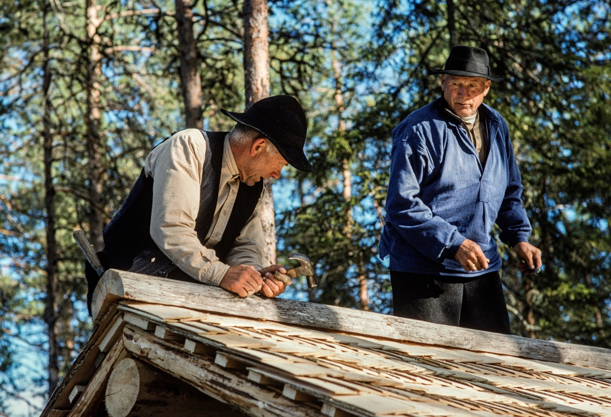 Kjell Haugen og Bjørn Haugen fra Knapper i Nord-Odal fester en mønestokk på ei koia i Romedal allmenning som de, sammen med sambygdingen Ola Kolstad, nettopp hadde lagt nytt flistak på da dette fotografiet ble tatt.  Stokken skal dekke glipa som oppstår der de øverste floene med flis på hver takflate møtes i mønet, og dermed hindre innsig av fukt i bygningen.  Samtidig dekker den også spikrene de øverste flisene er festet med, slik at de ikke så raskt tæres av rust.  Stokken er ei tørrfuru, der karene har hogd et V-formet far med øks i lengderetning på den sida som skal ligge ned.  Dette var en prosess som både tok tid og krevde et mer enn alminnelig godt handlag.  Derfor var det nok vel så vanlig at flistekkerne spikret sammen to bord slik at de fikk et V-formet tverrsnitt, og la dette over glipen i flistakenes møner.  Nettopp i skogen kunne det imidlertid være langt etter bord, og derfor var det noen ganger like greit å bruke en stokk med uthogd spor, som vist på fotografiet.  Bildet er tatt i 1998, da Norsk Skogmuseum samarbeidet med tre tradisjonsbærere fra Nord-Odal i Hedmark om å produsere en videodokumentarfilm om høvling av takflis og tekking med slik flis. 

Koia står nå ved Malungen i Romedal allmenning, men den skal være flyttet dit i nyere tid fra en annen lokalitet i allmenningen.