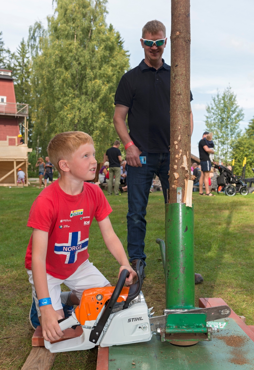 Trefellingsøvelse på det såkalte «Skogbrukstunet» under De nordiske jakt- og fiskedager på Norsk Skogmuseum i Elverum i 2014.  Her sitter en gutt med kvite shorts og rød T-skjorte på knærne med ei motorsag i hendene.  Han skal forsøke å felle et en trestamme, som er montert i et jernstativ, i ønsket retning.  En mann, muligens guttens far, følger spent med.  Denne trefellingsøvelsen var ett av flere aktivitetstilbud for barn og voksne i det området skogbrukets organisasjoner disponerte under jakt- og fiskedagene. 