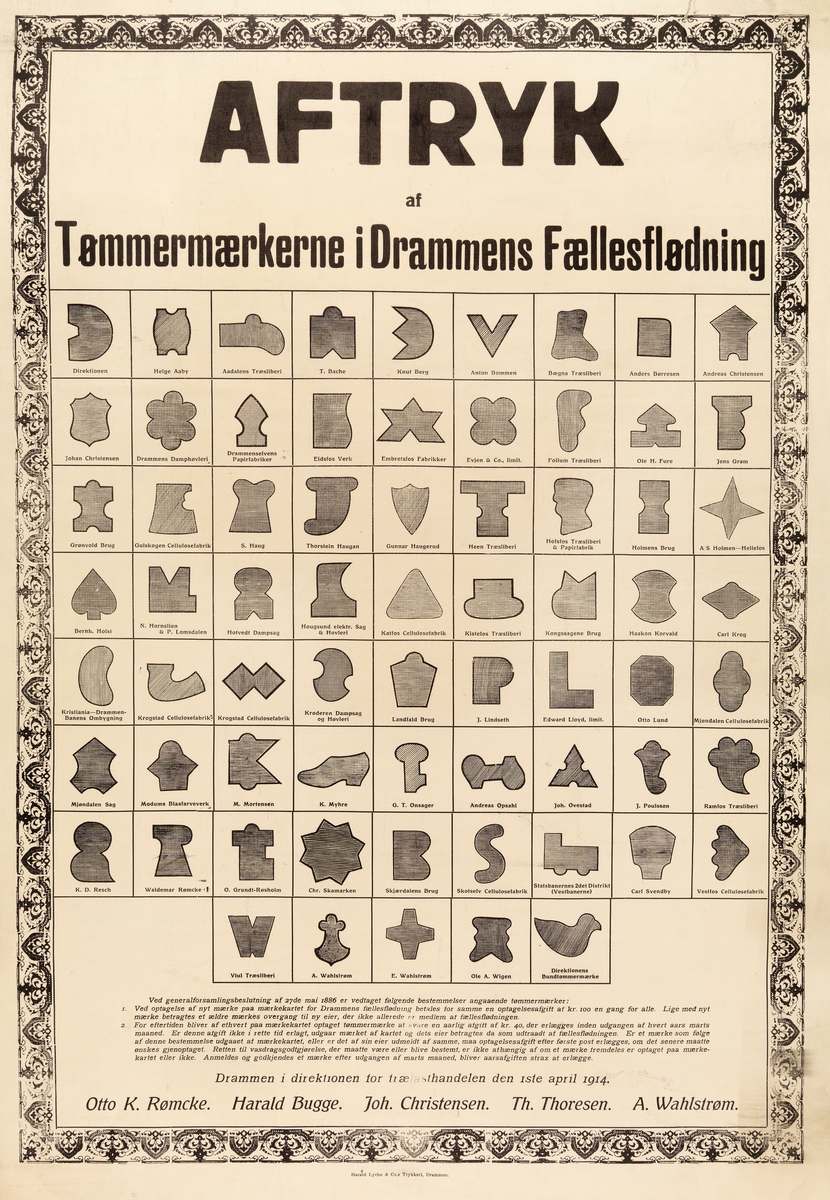 Merkekart for Drammens Fællesflødning fra 1914.  Kartet er trykket på et blad som er 79 centimeter høyt og 55, 5 centimeter bredt.  Kartet er omgitt av ei rektangulær, trykt ramme.  Øverst i denne ramma finner vi teksten «AFTRYK af Tømmermærkerne i Drammens Fællesflødning».  Under denne finner vi et felt med 68 ruter.  I hver rute er det en skravert figur, og under figuren finner vi navnet på de instansene som kjøpte tømmer i Drammensvassdraget i 1914.  Disse var:

Direktionen,
Helge Aaby,
Aadalens Træsliberi,
T. Bache,
Knut Berg,
Anton Bommen,
Bægna Træsliberi,
Anders Børresen,
Andreas Christensen,
Johan Christensen,
Drammens Damphøvleri,
Drammenselvens Papirfabriker,
Eidsfos Verk,
Embretsfos Fabrikker,
Evjen & Co., limit.,
Follum Træsliberi,
Ole H. Fure,
Jens Gram,
Grønvold Brug,
Gulskogen Cellulosefabrik,
S. Haug,
Thorsten Haugan,
Gunnar Haugerud,
Heen Træsliberi,
Hofsfos Træsliberi & Papirfabrik,
Holmens Brug,
A/S Holmen-Hellefos,
Bernh. Holst,
N. Hornslien & P. Lomsdalen,
Hotvedt Dampsag,
Hougsund elektr. Sag & Høvleri,
Katfos Cellulosefabrik,
Kistefos Træsliberi,
Kongssagene Brug,
Haakon Korvald,
Carl Krog,
Kristiania-Dammen-Banens Ombygning,
Krogstad Cellulosefabrik (to merker),
Krøderen Dampsag og Høvleri,
Landfald Brug,
J. Lindseth,
Edward Lloyd, limit.,
Otto Lund,
Mjøndalen Cellulosefabrik,
Mjøndalen Sag,
Modums Blaafarveverk,
M. Mortensen,
K. Myhre,
G. T. Onsager,
Andreas Opsahl,
Joh. Ovestad,
J. Poulsson,
Ramfos Træsliberi,
K. D. Resch,
Waldemar Rømcke,
O. Grundt-Røsholm,
Chr. Skamarken,
Skjærdalens Brug,
Skotselv Cellulosefabrik,
Statsbanernes 2det Distrikt (Vestbanerne),
Carl Svendby,
Vestfos Cellulosefabrik,
Viul Træsliberi,
A. Wahlstrøm,
E. Wahlstrøm,
Ole A. Wigen,
Direktionens Bundtømmermærke.

Under feltet med merker finnes en tekst som gjengir bestemmelser fra generalforsamling i Fellesfløtningsforeningen i 1886, der det ble vedtatt at alle som skaffet seg tømmermerker skulle betale innmeldingsavgift på 100 kroner, samt en årsavgift på 40 kroner.  Dette var organisasjonens måte å begrense antallet merker på, ingen ønsket å betale for et merke som ikke var i bruk.  Under merkekartet finner vi navnene på medlemmene av fløtingsstyret: Otto K. Rømcke, Harald Bugge, Joh. Christensen og Th. Thoresen. 

Symbolene på merkekartet ble brukt som modeller for merkeøkser, med profilerte eggpartier.  Slike økser ble smidd rundt maler av hardt stål, og med tverrsnitt som tilsvarte merkeprofilene.  Smiing av slike økser var ei avansert grein av smedhandverket, og i Drammensvassdraget var det særlig Knudsen-smia i Mjøndalen som leverte slik redskap.  Det var tømmerkjøpernes målere og merkere som brukte slike økser.  Merkene ble påslått på ulike deler av tømmerstokkene, slik at lensearbeiderne kunne se dem uansett hvordan de fløt, og dermed bruke dem som utgangspunkt for sortering. 

Tømmermerkenes betydning i fløtinga framgår også av fløtingsreglene for Drammensvassdraget.  De reglene som ble styrebehandlet i Drammens trelasthandlerdireksjon i 1919 og stadfestet ved kongelig resolusjon 4. mars 1921 er gjengitt under fanen «Opplysninger».