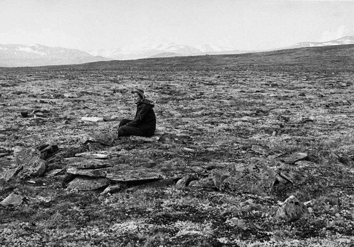 Sonja Barth, fotografert sittende på tufta etter ei falkefangerhytte, om lag 800 meter sørsørvest for utløpet av Råkvatnet i Lom, om lag 1 390 meter over havet.  Dette var en lokalitet Sonja og Edvard K. Barth oppsøkte i 1980 som ledd i sitt arbeid med å oppspore kulturminner knyttet til falkefangst i Norge.  Tufta framtrer som en ring, som en steinkrans med innvendig diameter på om lag 320 centimeter og 40-50 centimeters bredde.  Ringen består først og fremst av stein, nesten uten iblandet jord. Egentlig var det ikke denne tufta ekteparet Barth ble vist da de kom til området.  Først ble de tatt med til en lav hvelvet steinkonstruksjon som Rolv K. Øygard hadde omtalt som ei «falkefangerhytte» i en artikkel i Dølaringens årbok fra 1931.  Seinere var stedet nevnt i flere andre presentasjoner av slike tradisjoner, og kunstneren Trygve Håkenstad fra Vågå hadde også tegnet anlegget.  Det var også satt opp et skilt ved siden av den murte konstruksjonen som knyttet den til falkefangsten.  Sonja og Edvard K. Barth hadde i løpet av 1970-åpra undersøkt flere falkefangstanlegg, og Edvard var svært skeptisk til om dette virkelig kunne være et slikt anlegg.  Bakpå kopien av dette fotografiet hadde han – stadig i 1980 – notert følgende:  

«Den «rette» falkfangerhytten 1 390 m.o.h. ca. 700 m. S. for Råkåvassosen. Galdhøpiggen i S.»

Edvard K. Barth foretok prøvestikk i tufta, uten å finne kulturlag.  Sentralt i bakgrunnen på dette fotografiet skimtes Galdhøpiggen.