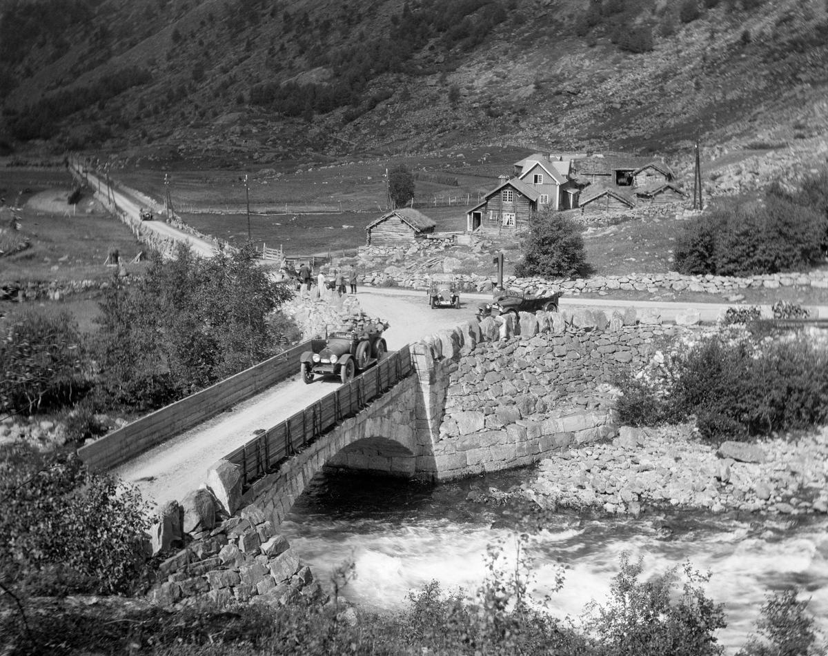 Landskapsbilde fra Lærdal i Sogn og Fjordane.  Fotografiet er tatt på det stedet der vegen i retning Filefjell og Valdres (i dag fylkesveg 630) skiller lag med vegen som går i retning Hallingdal (i dag E16) og vegen på den sørøstre sida av vassdraget (i dag fylkesveg 273).   Lokaliteten knyttes stundom til gardsnavnet Borlaug.  Fotografiet er tatt i 1925, fra en posisjon på den sørøstre sida av Lærdalselvi, mot ei hvelvet steinbru og vegkrysset på den nordvestre sida av vaassdraget.  På opptakstidspunktet var en bil på veg over brua, mens to andre befant seg i krysset ved bruhodet. Litt lengre nede i vegen skimter vi også ei gruppe mennesker.  Ellers ser vi litt av kulturlandskapet i denne delen av Lærdal, med flate engesletter langs bygdevegen og vassdraget, hvor overflatesteinen later til å være samlet i steingjerder mot den nevnte vegen.  Like ved krysset, nederst i skråningen mot de nevnte engeslettene, ser vi et par gardstun.  Etter dagens kart å dømme heter eiendommene her Berge.  Kartet oppgir også to brunavn – «Strandabrui» og «Bergsbrui».  Det ene av disse refererer rimeligvis til den nye brua for E16-traseen, som er bygd like nedenfor den avbildete steinhvelvbrua.