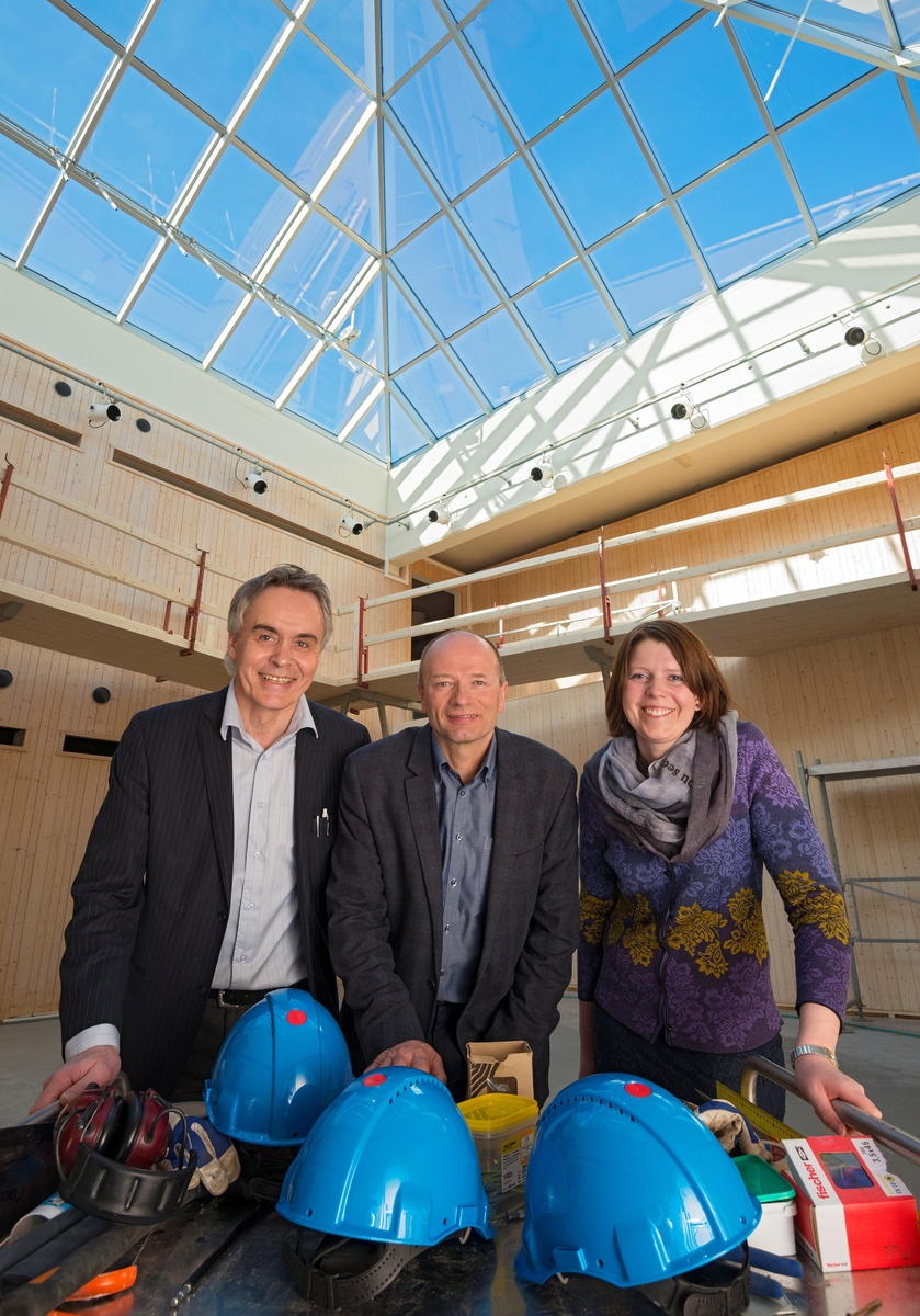 Avdelingsdirektør Stig Hoseth ved Norsk Skogmuseum, regionbanksjef Jan Sævig fra Østerdalsavdelingen i Sparebanken Hedmark og fagkonsulent Ida Kristine Teien fra Norsk Skogmuseum.  Disse tre personene er fotografert foran ei tralle i museets atrium, der det på opptakstidspunktet - 8. april 2015 - foregikk byggearbeid.  Dette er bakgrunnen for at det lå tre anleggshjelmer, hørselvern og en del spiker- og skruepakninger på den nevnte tralla da fotografiet ble tatt.  Banken Sævig representerte hadde nettopp gitt museet tilsagn om en million kroner som tilskudd til utstillingsprosjektet «Det fantastiske treet», som i løpet av de påfølgende vårmånedene skulle realiseres i dette lokalet.

Målet med dette utstillingsprosjektet var å kunne tilby museets store publikum en spektrakulær innføring i skogens økologiske og samfunnsmessige betydning.  Utstillingen skal presentere treet - gjennom et stilisert eksemplar - og med det som utgangspunkt vise biologiske funksjoner som fotosyntesen, karbonkretsløpet og skogens rolle som klimafaktor.  Før dette fotografiet ble tatt, høsten 2014, hadde museet demontert utstillingen om tre i kunst, design og arkitektur fra atriet hvor bildet er tatt, og montert en ny utstilling om disse temaene med tittelen «TREnd» i en tilstøtende del av bygningen.  Prosjektet vil også omfattet en revidering av introduksjonsrommet til den eksisterende utstillingen «Tid for Skog».  Totalt vil prosjektet berøre cirka 350 kvadratmeter av museets utstillingsareal.