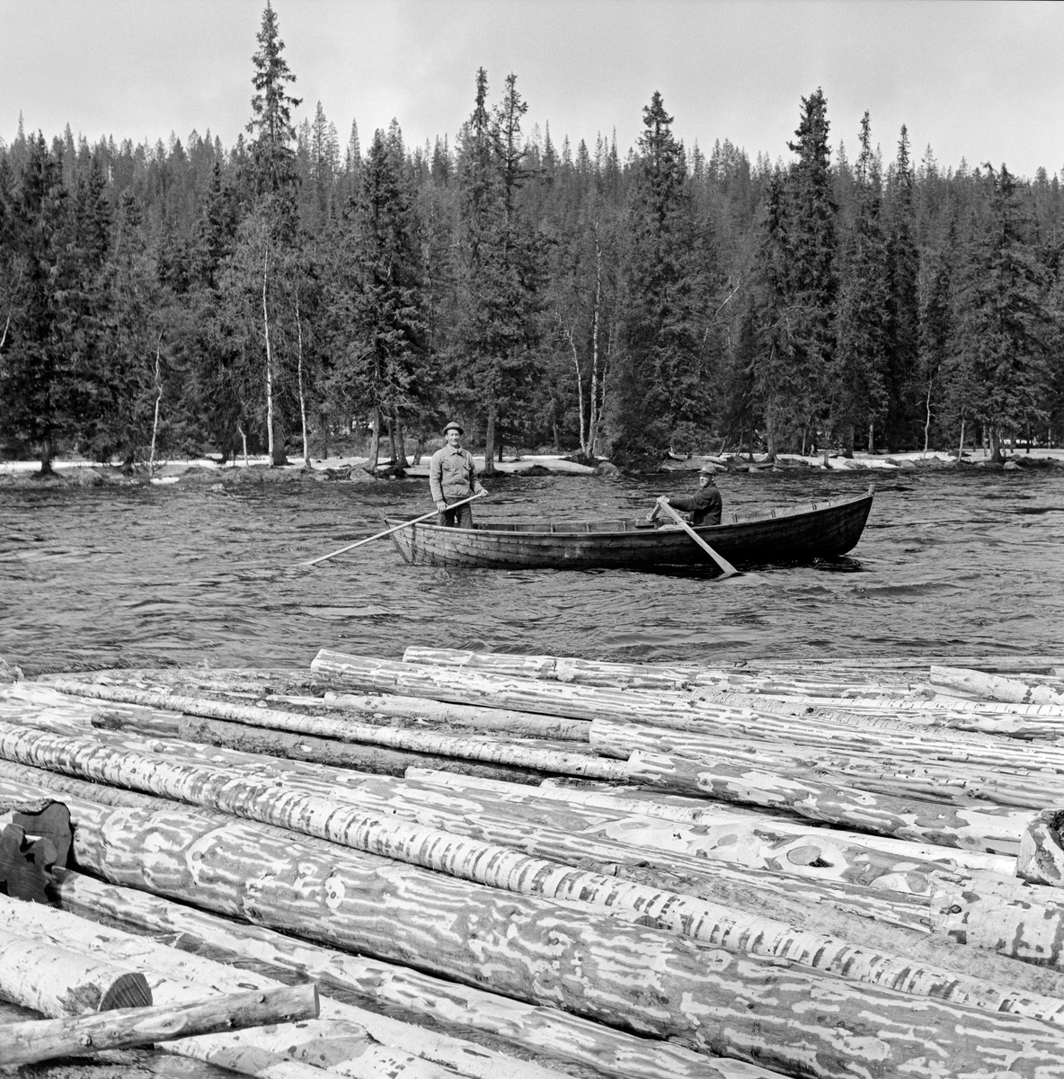 Fra fløtinga i Femundselva, den øvre delen av Trysilvassdraget, i 1968.  Fotografiet er tatt fra elvebredden, der det lå en del barket tømmer i forgrunnen, i påvente av utislag.  De fleste stokkene ser ut til å være barket med barkespader, men en har også tydelige spor etter ha vært gjennom en barkemaskin med roterende kniver.  På dette området skjedde det et teknologisk skifte nettopp i den perioden da dette fotografiet ble tatt.  I elva utenfor den nevnte tømmervelta ser vi en av de typiske trebåtene som ble brukt under fløtinga i Trysilvassdraget.  En fløter satt ved årene, en annen sto i akterenden av båten med en fløterhake i hendene.  Haken ble, når båten skulle passere stryk i elva, brukt som styreredskap.  I 1968 var det bare fire båtlag i fløtinga i den norske delen av Trysil- eller Klarälvvassdraget.

Litt generell informasjon om hvordan fløtingssesongen 1968 artet seg i Trysilvassdraget finnes under fanen «Opplysninger».