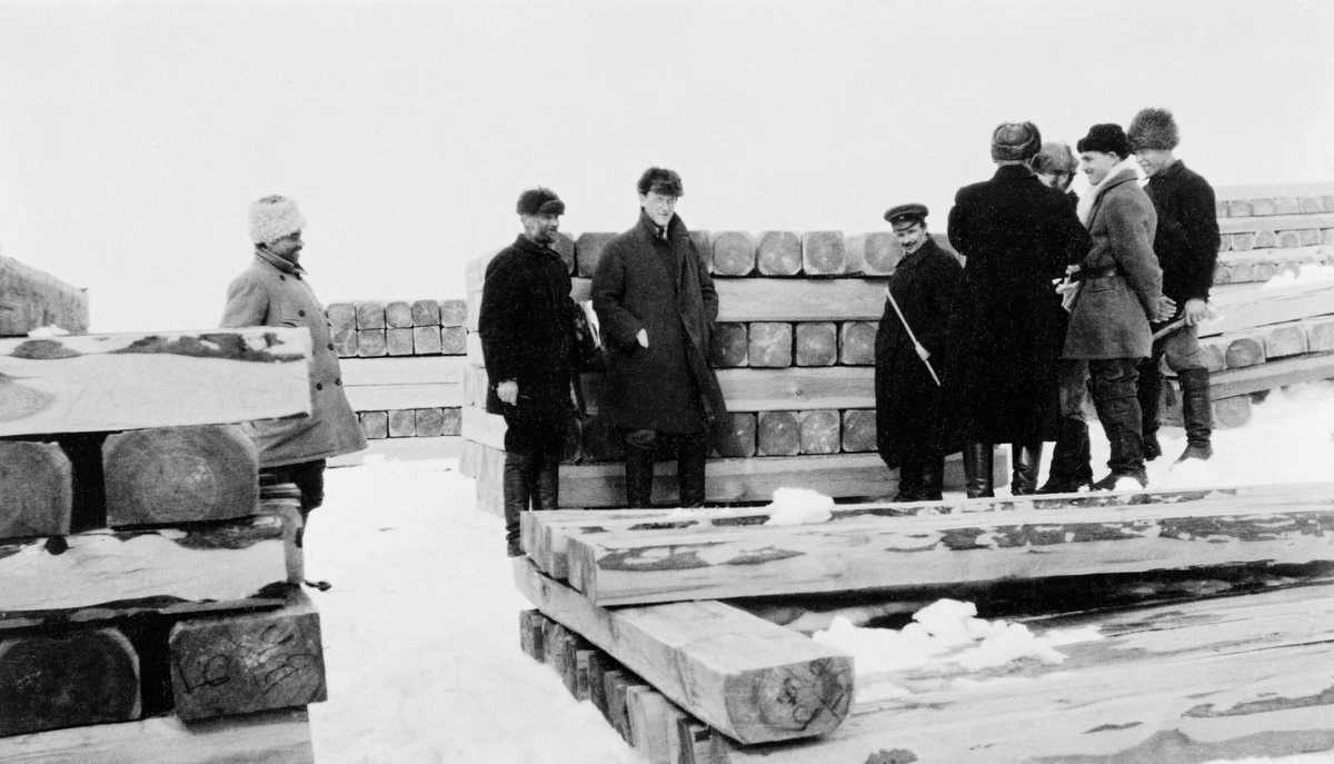 Jernbanesviller, dels i korsvelter og dels i lunnevelter, på snødekt mark i Nordvest-Russland tidlig på 1900-tallet.  Dette var ett av de produktene skandinaviske, tysk-baltiske, nederlandske og engelske sagbruk i Kvitsjø-regionen solgte på det vestlige markedet.  Som vi ser av fotografiet var det materialer med stor kjernevedandel, og dermed med god råteresistens, som gikk til dette formålet.  Da dette fotografiet ble tatt later det til at en del velkledde herrer, antakelig representanter for eiere, kjøpere og sagbruksadministrasjonen, var på besøk på tomta der svillene var stablet.