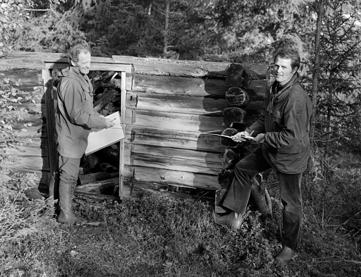 Utstillings- og undervisningsleder Jostein K. Nysæther og lektor Amund Spangen fra Norsk Skogbruksmseum, fotografert under oppmåling av ei takløs ljørbu ved Skaversaga (har også vært stavet «Skavernsaga») i Nord-Osen i Åmot kommune i 1974.  Nysæther sto ved døråpningen med et tegnebrett i den ene handa og en blyant, samt enden av et måleband i den andre. Spangen sto ved et av hushjørnene med bandspolen.  Begge karene hadde anorakker på overkroppen og gummistøvler på beina.  Ljørbua sto i tett ungskog.  Oppmålinga ble gjort med sikte på at ljørbua og det tilstøtende saghuset skulle restaureres.  Litt informasjon om restaureringsprosessen finnes under fanen «Opplysninger».