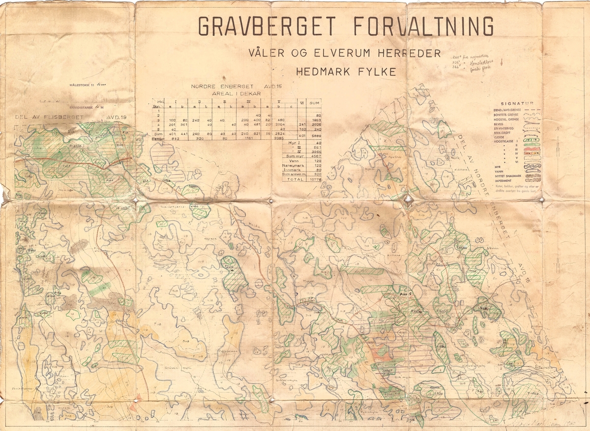 Kart (skogkart), driftsplankart, bestandskart, over for Nordre Enberget avd. 15 under Gravberget forvaltning  i  Elverum og Våler kommuner, Hedmark fylke.  
Skogarelet er fordelt på ulke hogsklasser og bonitetstyper. 


Kartet er datert til 1960. 

Kartets målestokk er 1: 10 000