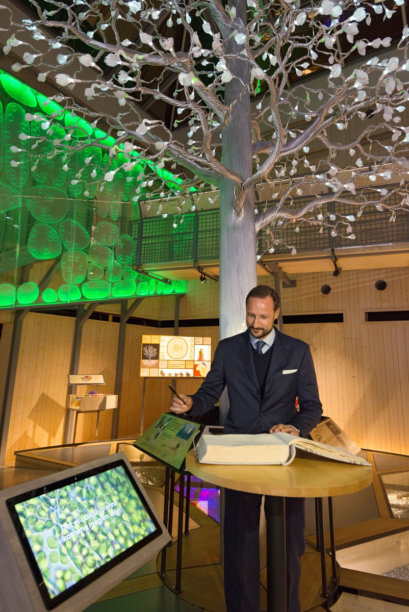 Fra åpningen av utstillingen «Det fantastiske treet» på Norsk Skogmuseum 26. januar 2016.  Fotografiet viser kronprins Haakon idet han signerer en gjesteprotokoll museet bruker ved helt spesielle anledninger, som denne.  Bak ham skimter vi utstillingens hovedelement, en 7,5 meter høy skulptur av et tre.  Den består av fiberoptiske kabler som er viklet rundt en stålkjerne og som har greiner som ender i blader eller blomster av «intelligent metall».  Disse kan skifte farge og åpne og lukke seg med skiftende lys.  Til venstre i bildet, foran et av galleriene i utstillingsrommet, ser vi en glassvegg med en transparent cellestruktur fra et blad, som også brukes når man skal formidle fotosyntesen.