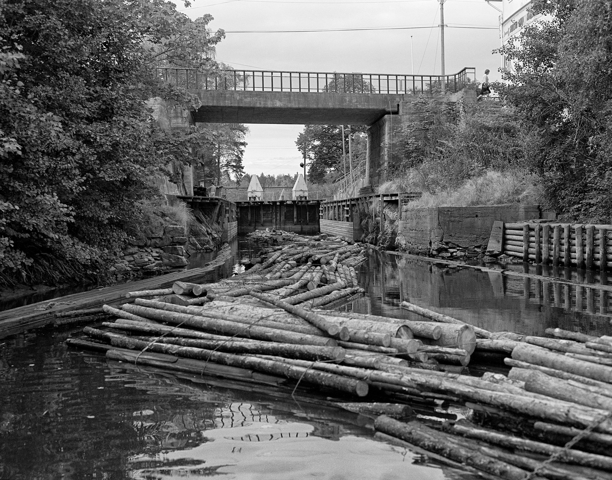 Fra innløpskanalen til Strømsfoss sluse i Strømselva i Aremark i Østfold.  Fotografiet er tatt i 1982, som var den siste sesongen det ble fløtet tømmer i Haldenvasdraget.  De siste åra ble det utelukkende fløtet ubarket massevirke (papirråstoff) i tre meters lengder.  Tømmeret ble utislått i bunter fra lastebiler.  Buntene ble samlet i store slep, som ble trukket over de store innsjøene av kraftige slepebåter.  Ved slusestedene måtte imidlertid slepene deles i kortere lengder, som fikk plass i slusekamrene.  Av det nevnte sortimentet gikk det vanligvis fire bunter i hver slusevending.  Da dette fotografiet ble tatt lå flere slusevendinger i kanalen ovenfor øvre sluseport i påvente av slusing.  Brua i forgrunnen fører fylkesveg 124 over vassdraget.

En liten historikk om tømmerfløting og kanaliseringsarbeid i Haldenvassdraget finnes under fanen «Opplysninger».