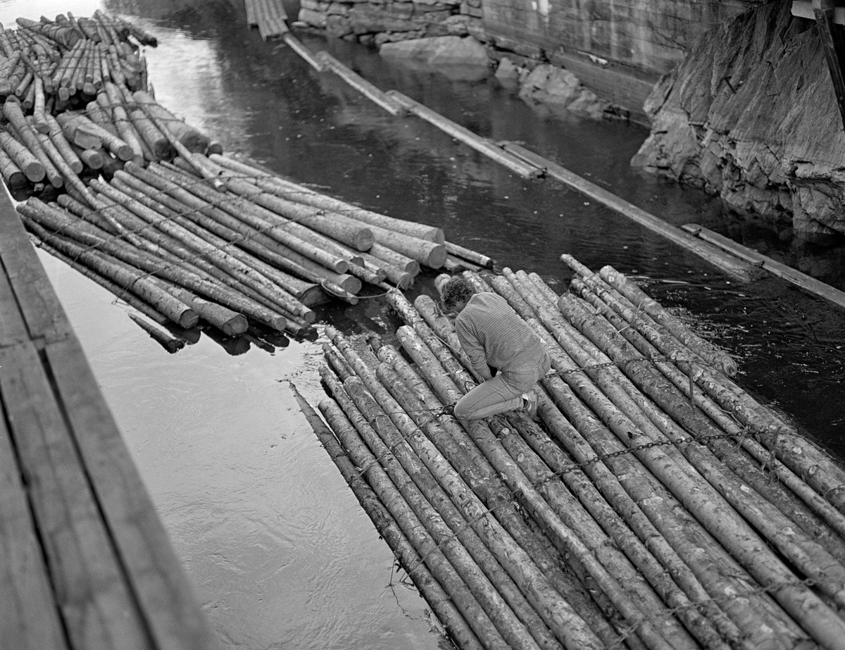 Anne Johansen i arbeid på slusetømmer ved Strømsfoss sluse i Aremark i Østfold.  Fotografiet ble tatt i 1982, som var den siste sesongen det foregikk tømmerfløting i Haldenvassdraget.  Anne Johansen hadde antakelig tatt seg ned på en av buntene for å dele opp ei lenke av tømmerbunter i høvelige slusevendinger.  Tømmeret er ubarket massevirke i tre meters lengder.  Av dette sortimentet gikk det fire bunter i hver slusevending.  Bildet er antakelig tatt i kanalen ovenfor slusa, der det var gangbru på den ene sida og ledelense på den andre. 

En liten historikk om tømmerfløting og kanaliseringsarbeid i Haldenvassdraget finnes under fanen «Opplysninger».