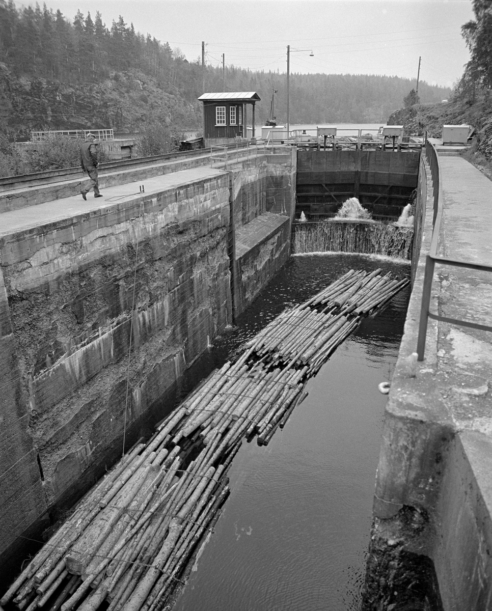 Det øverste slusekammeret ved Brekke sluser i tidligere Berg (nå Halden kommune) herred i Østfold.  Brekke sluser har slusekammere som er støpt av armert betong og sluseporter av stål. Anlegget hadde hydraulisk styring av portene og vannstrømmen i omløpsrørene som førte vann fra ovenforliggende til nedenforliggende slusekammer.  Disse funksjonene ble aktivert fra bryterpaneler i små «kiosker» ved sluseportene.  Vi ser en slik kiosk til venstre for sluseporten på dette fotografiet.  Nede i slusekammeret lå det ei lenke med fire bunter ubarket massevirke i tre meters lengder.  Dette var ei normal slusevending med dette sortimentet.  Mannen som vandret på plattformen ved siden av slusekammeret var slusemester Kristian Gunneng.

Dette er det tredje sluseanlegget som ble bygd ved Brekke.  Det første, som den kjente vassdragstekniske pioneren Engebret Soot (1786-1859) hadde idéen til, ble bygd i slutten av 1850-åra av stedlig stein med rosentorv som tettingsmateriale i murverket.  Dette sluseanlegget ble ødelagt under flom alt i 1861.  I perioden 1873-1877 bygde det statlige Kanalvesenet et nytt sluseanlegg ved Brekke, også dette med fire slusekamre, men åpenbart mer solid enn det første.  Fredrikshald (Halden) kommune sikret seg fallrettigheter ved Brekke alt i 1904.  Det varte imidlertid helt til 1918 før kraftutbyggingsprosjektet her ble påbegynt.  I åra som fulgte ble det bygd en massiv betongdam ved Brekkefossen som var 110 meter lang, og som på grunn av vanskelige grunnforhold måtte få en høyde på opptil 38 meter.  Kraftverksdammen hevet med andre ord vannspeilet i den ovenforliggende delen av Stenselva kraftig, slik at det ble nødvendig å bygge et helt nytt sluseanlegg.  Dette ble utført i armert betong, med stålporter og hydraulisk styring. 

En liten historikk om tømmerfløting og kanaliseringsarbeid i Haldenvassdraget finnes under fanen «Opplysninger».