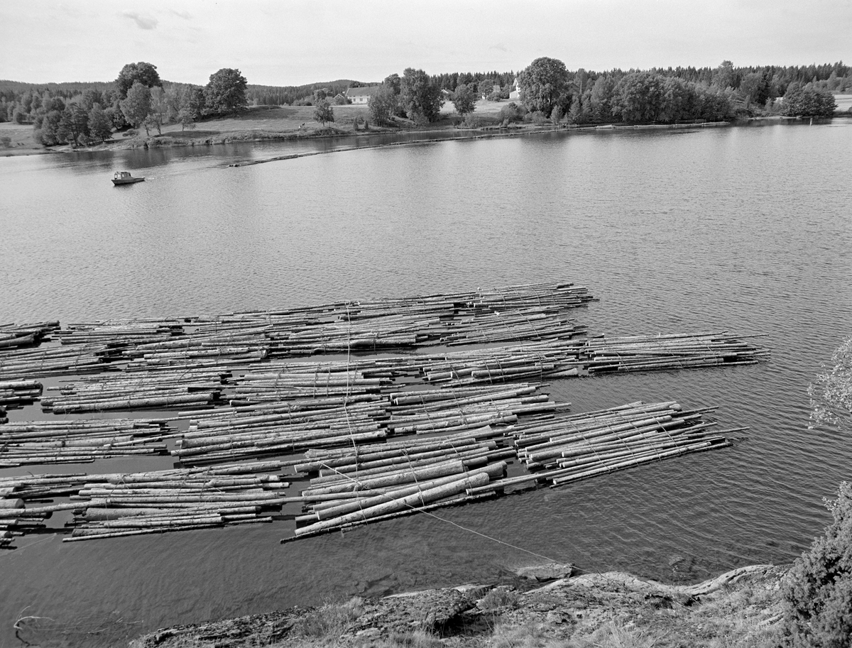 Fra Haldenvassdragets Fellesfløtningsforenings flåtested ved Skotsberg, altså i Skotsbergelva, sør for Aremarksjøen (Ara) i Østfold.  Fotografiet er tatt fra østsida av vassdraget, men ofte lå det tømmer på begge sider her.  Ute på vannspeilet ser vi varpebåten «F8», som kom med en «lenk» som skulle bindes sammen med andre i et høvelig slep for buksering videre nedover vassdraget mot Brekke sluser.  I forgrunnen ser vi hvordan tømmeret var midlertidig fortøyd i fjellet på flåtestedet.  Dette fotografiet er tatt i 1982, som ble den siste sesongen med tømmerfløting i Haldenvassdraget.  I sluttfasen var det utelukkende buntet, ubarket massevirke i tre meters lengder som ble transportert på denne måten.  Hver bunt – «mose» - ble holdt i hop av tre-fire vaierbind, som ble påsatt før tømmeret ble utislått direkte fra lastebiler.

En liten historikk om tømmerfløting og kanaliseringsarbeid i Haldenvassdraget finnes under fanen «Opplysninger».