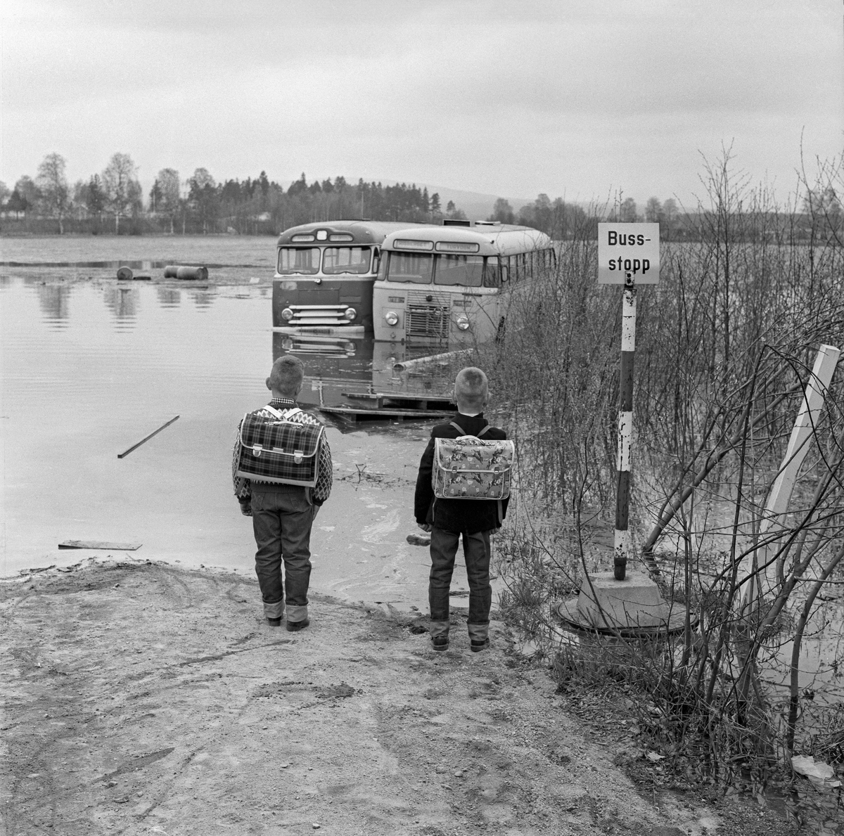 Fra storflommen i Glomma i 1966.  I forgrunnen ser vi to gutter i småskolealder, begge med skolesekker på ryggen.  Guttene sto ved et busstoppskilt, som om de ventet på skolebussen.  Vegen framfor dem gikk over ei slette, som var oversvømt.   På den oversvømte vegbanen sto det to busser, uten sjåfører eller passasjerer, tilsynelatende satt ut av spill av flomvannet.  1966 var et av de store flomårene i Glomma.  I løpet av foregående vinter hadde det kommet betydelige snømengder, som ble liggende lenge fordi våren lenge var ganske kjølig.    18. og 19. mai slo været om og ble svært varmt, noe som resulterte i en eksplosjonsartet flom.  Da dette fotografiet ble tatt, 20. mai, var det store oversvømmelser i Sør-Østerdalen, mens vannstanden var synkende lengre nord i dalføret.  Flere kvadratkilometer dyrket mark sto under vann, spesielt ved Øksna og i Heradsbygda.  Riksveg 3 var også sperret av vannmassene på flere steder, og flere familier måtte evakueres fra sine hjem.   Fotografiet er tatt da flommen kulminerte.