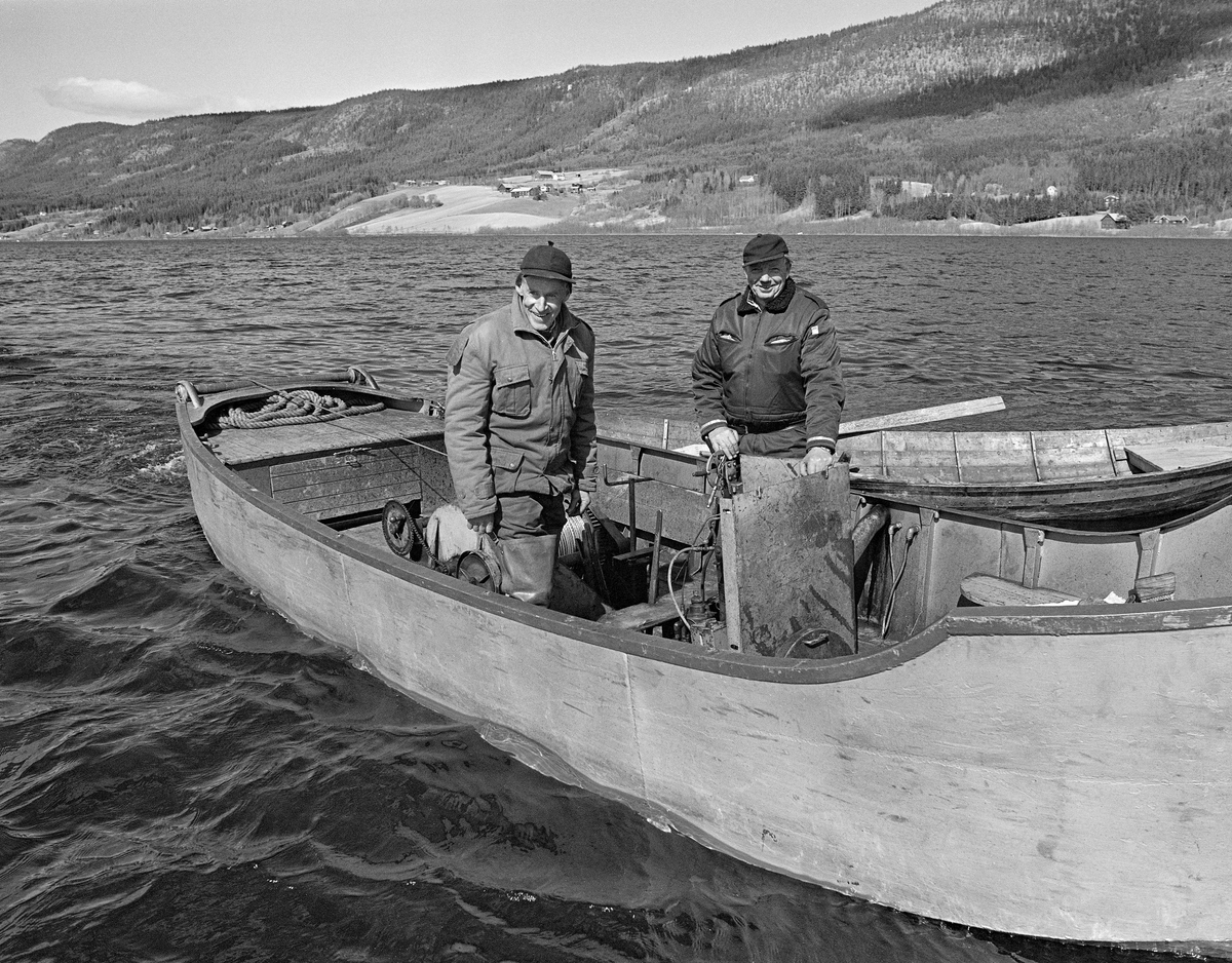 Sleping av tømmer i ringbom på Lomnessjøen i Ytre Rendalen i Hedmark våren 1984.  I forgrunnen ser vi varpebåten av stål, som ble brukt i dette arbeidet.  Karene om bord var Ola Stubsveen (1924-1998) og Harald Hansen (1926-1999).  Tømmeret ble slept på denne måten fra Hornsetlensa i nordenden av innsjøen til utløpet ved Kvernnesodden, ei snau mil lengre sør.  I bakgrunnen ser vi Lomnes-gardene i den vestvendte lia mot vatnet.  1984 var den siste sesongen med tømmerfløting i denne delen av Glommavassdraget.