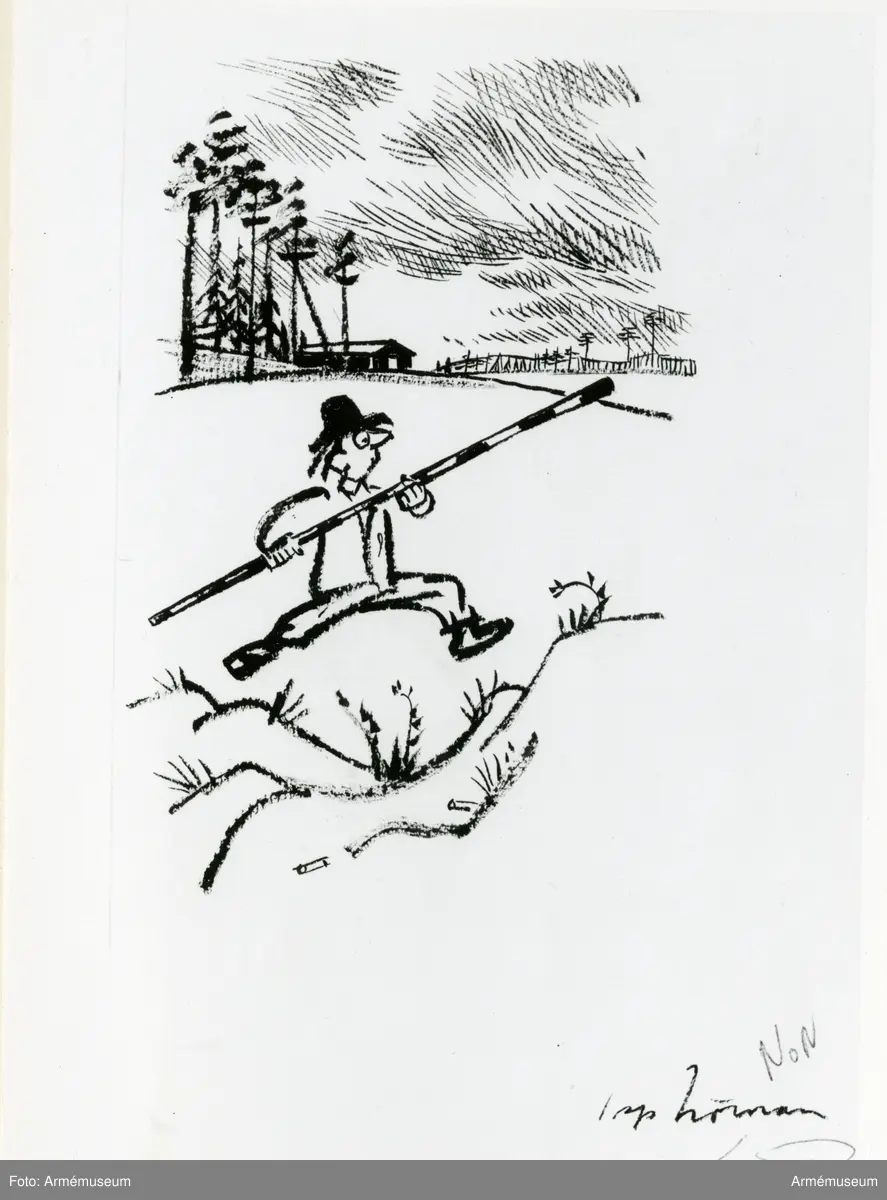 Grupp M I.
Tuschteckning av Björn Berg, "Om Järvafältet". Namn och nytt i Dagens Nyheter 30.8 1962.