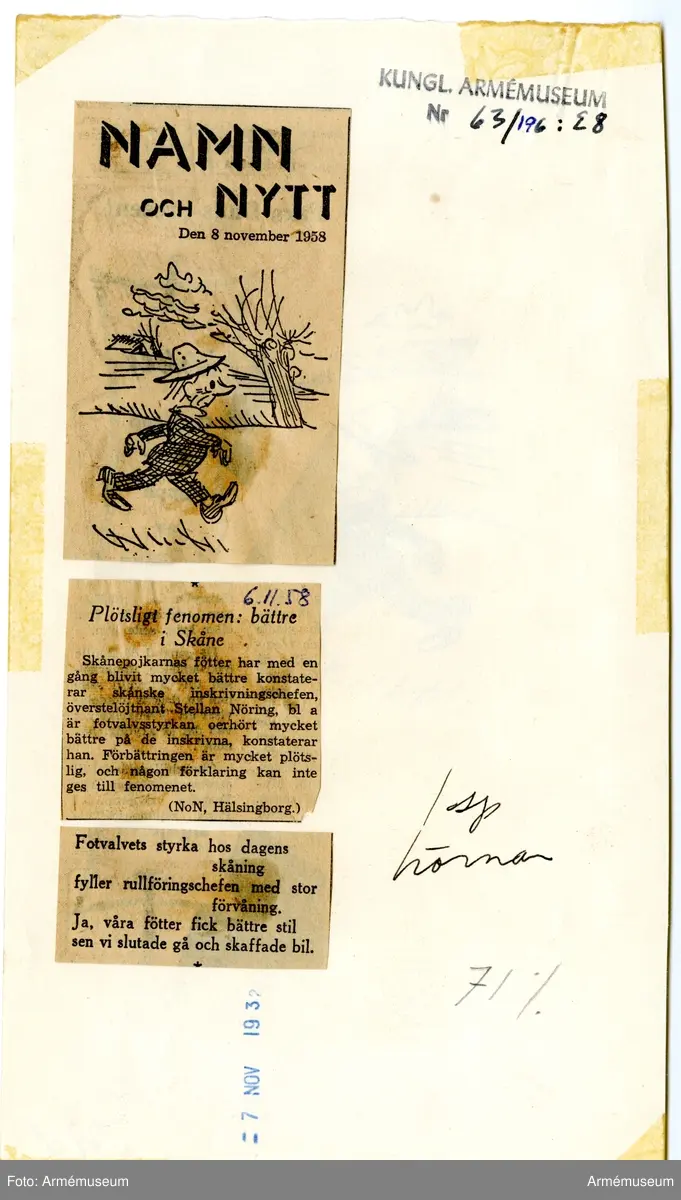 Grupp M I.
Tuschteckning av Björn Berg, "Om skåningarnas bättre fötter". Dagens Nyheter 8.11 1958.