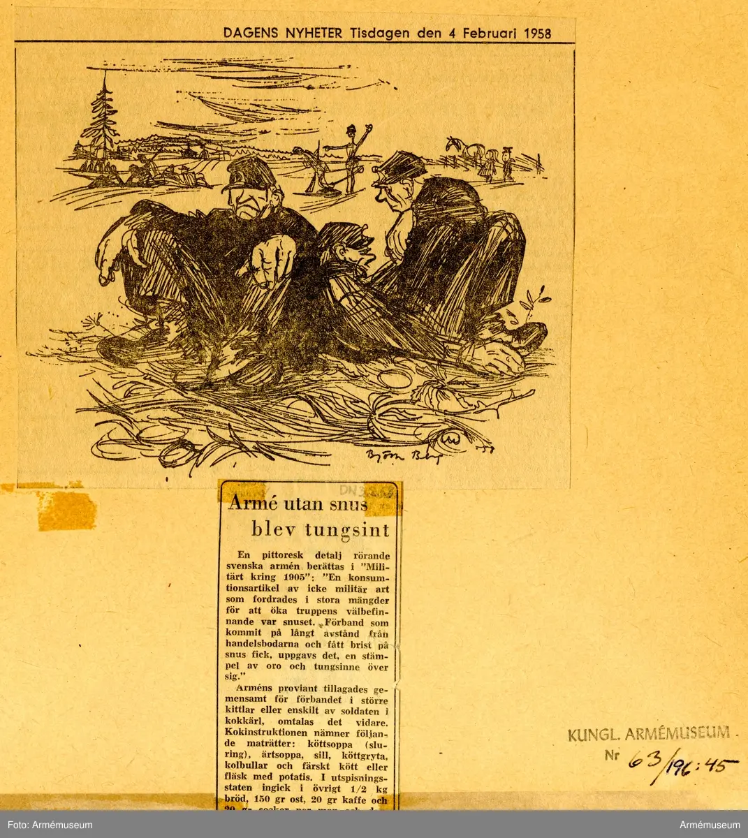 Grupp M I.
Tuschteckning av Björn Berg. Införd i Dagens Nyheter 4.2 1958.
