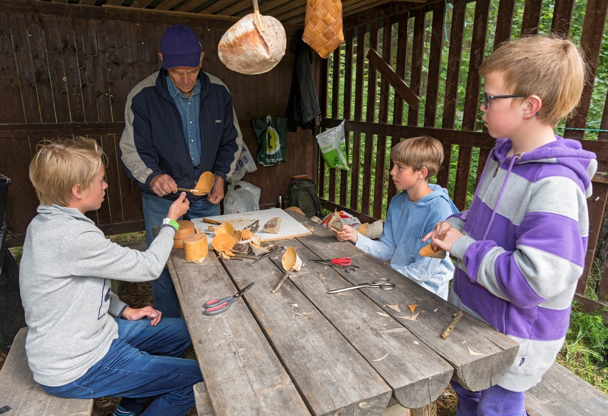 Fra temadagsarrangementet «Skog og vann - naturskole for alle!» på Norsk skogmuseum i Elverum i juni 2018.  Fotografiet viser tre gutter som lagde seg små auser av never med tradisjonshandverkeren Trygve Løvseth fra Åsnes i Hedmark som intruktør.

«Skog og vann» var ett av femten temadagsopplegg Norsk skogmuseum tilbød barnehager og grunnskoler i 2018.  De fjorten andre hadde mer avgrenset tematikk, og mange av dem var orientert mot årstidsspesifikke forhold i naturen eller i tradisjonelt arbeidsliv.  «Skog og vann» var derimot tilpasset de mange som ønsket en elevtur til museet mot slutten av skoleåret, uten noe spesielt læreplanrelatert pedagogisk mål.  Aktivitetstilbudet var derfor vidtfavnende og mangfoldig, fordelt på et stort antall «stasjoner» med aktivitetstilbud på museets uteområde.  Aktører fra en del frivillige organisasjoner med skog- og utmarksarktiviteter på programmet samarbeidet med museets formidlere om avviklinga av arrangementet.  I 2018 samlet «Skog og vann» 3 000 elever fordelt på fem dager.