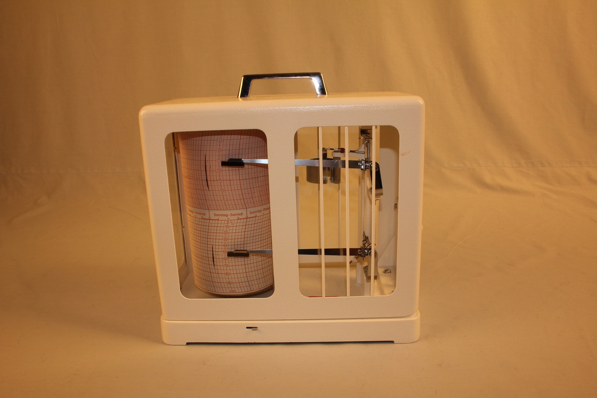 Kvit metallboks med følarar for temperatur og luftfuktigheit. Rulle som dreier og set av måleresultat kontinuerleg. Fjørbelasta skrue som må trekkast opp ein gong i veka for at rulla skal svive.