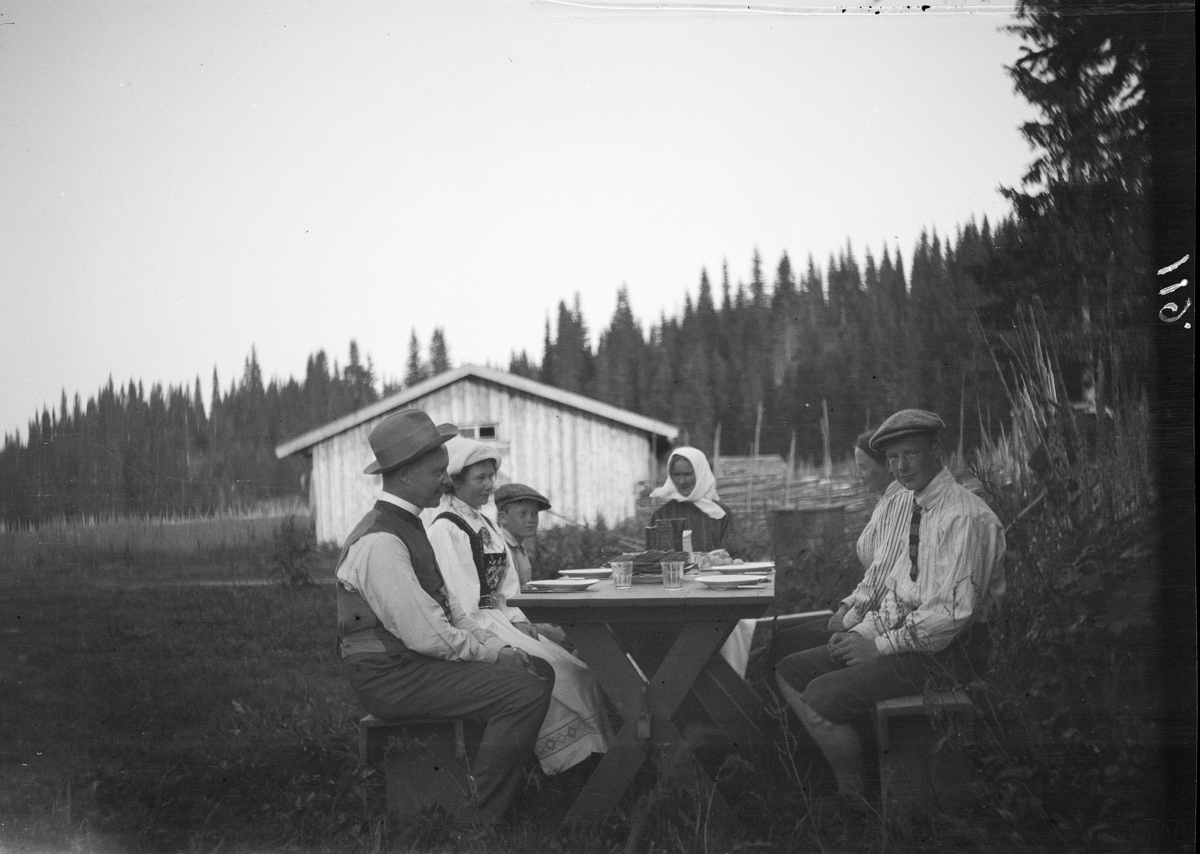 Vang H, Vang Almenning,  Bolsdalen i Åstadalen, Vestre Disen seter, kaffeselskap på setervollen, måltid, utendørs, gruppe 6 ukjente,