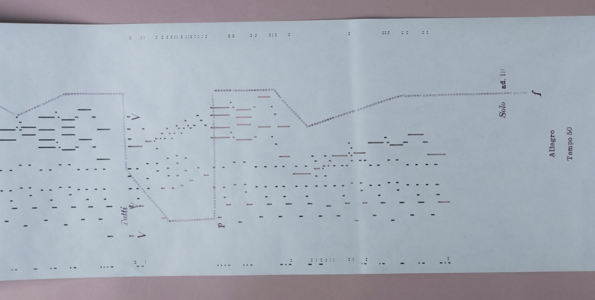 Rull til selvspillende piano med tilhørende eske. 88 toner.
Tempoangivelse i begynnelsen.
Styrkeangivelse i begynnelsen, samt "Solo"{/"Tutti?]
Aksenter markert med "V".
Aksenter automatiserte v "snake bites" bass og diskant
Spottet linje (blågrå, hulete punkter/sirkler) antatt for dynamikk
Effektspor til venstre for tonehull og snake bites, sannsynlig for pedal