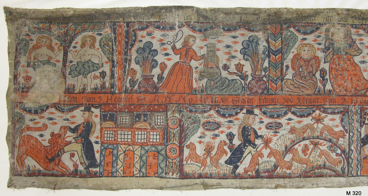 Bonadsmåleri på grövre tuskaftvävt linnetyg med målning i tempera - pigment, ägg och ev mjöl (Nyström 2012:150-151). Motiven ett tiotal scener ur Gamla testamentet, bl a Adam och Eva, Simson och lejonet, i två rader ovanpå varandra med motiven åtskiljda av kollonner och arkitektur. I bård mellan raderna märkningen "Anno 1816".
Hela bonaden är troligen under 1900-talet helt upplimmad mot ett vitt linnetyg. 

Inskrivet i huvudkatalogen 1886.