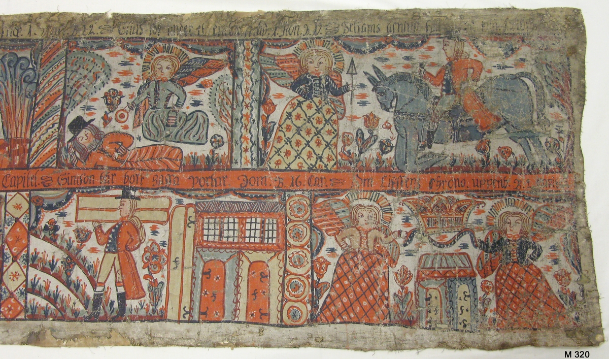 Bonadsmåleri på grövre tuskaftvävt linnetyg med målning i tempera - pigment, ägg och ev mjöl (Nyström 2012:150-151). Motiven ett tiotal scener ur Gamla testamentet, bl a Adam och Eva, Simson och lejonet, i två rader ovanpå varandra med motiven åtskiljda av kollonner och arkitektur. I bård mellan raderna märkningen "Anno 1816".
Hela bonaden är troligen under 1900-talet helt upplimmad mot ett vitt linnetyg. 

Inskrivet i huvudkatalogen 1886.