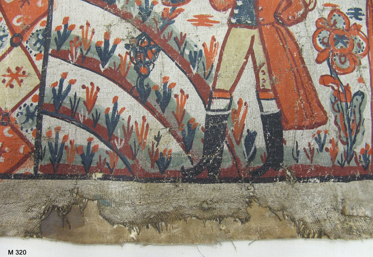 Bonadsmåleri på grövre tuskaftvävt linnetyg med målning i tempera - pigment, ägg och ev mjöl (Nyström 2012:150-151). Motiven ett tiotal scener ur Gamla testamentet, bl a Adam och Eva, Simson och lejonet, i två rader ovanpå varandra med motiven åtskiljda av kollonner och arkitektur. I bård mellan raderna märkningen "Anno 1816".
Hela bonaden är troligen under 1900-talet helt upplimmad mot ett vitt linnetyg. 

Inskrivet i huvudkatalogen 1886.