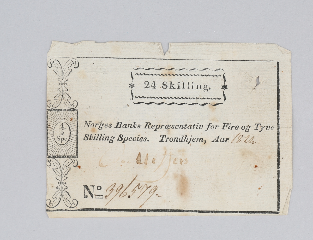 Norsk pengeseddel pålydende 24 Skilling Species (1/5 speciedaler) fra 1822. Med vannmerker og uthevede stempler