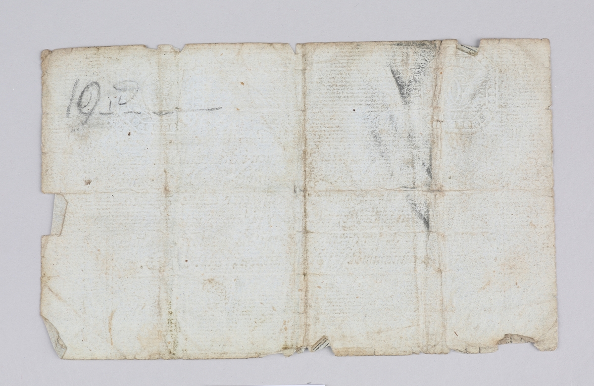 Dansk pengeseddel pålydende Fem Rigsdaler Courant fra 1795. Med vannmerker, og stempler i øvre hjørner