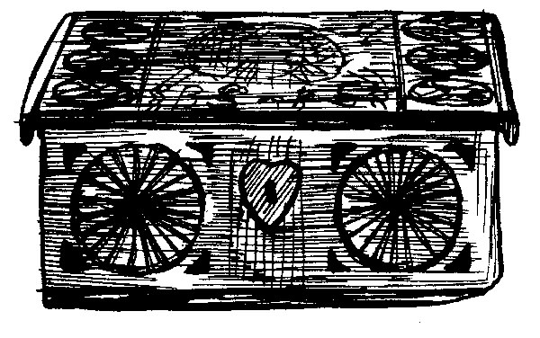 Skrin med fällock på smidda gångjärn. Hjärtformad nyckelskylt i järn. Låset borttaget. Botten fäst med metallbeslag. Skrinet är dekorerat med heltäckande karvsnittsdekor. På locket en stor och sex små karvsnittsrosetter. Även på sidorna karvsnittsrosetter. Alla olika. På locket vid låset bokstäverna "BSDS". Skrinet har troligen från början haft kulfötter i hörnen. Skrinet är bemålat inuti. I skrinet rött och i locket gult. Färgrester även på utsidan. 